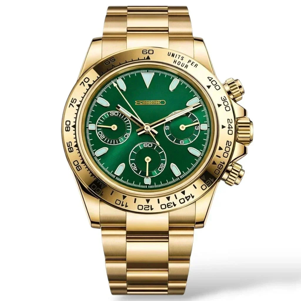 Seiko Mod Watches Daytona Gold Case watch with green dial luxury chronograph at Modtime Creations