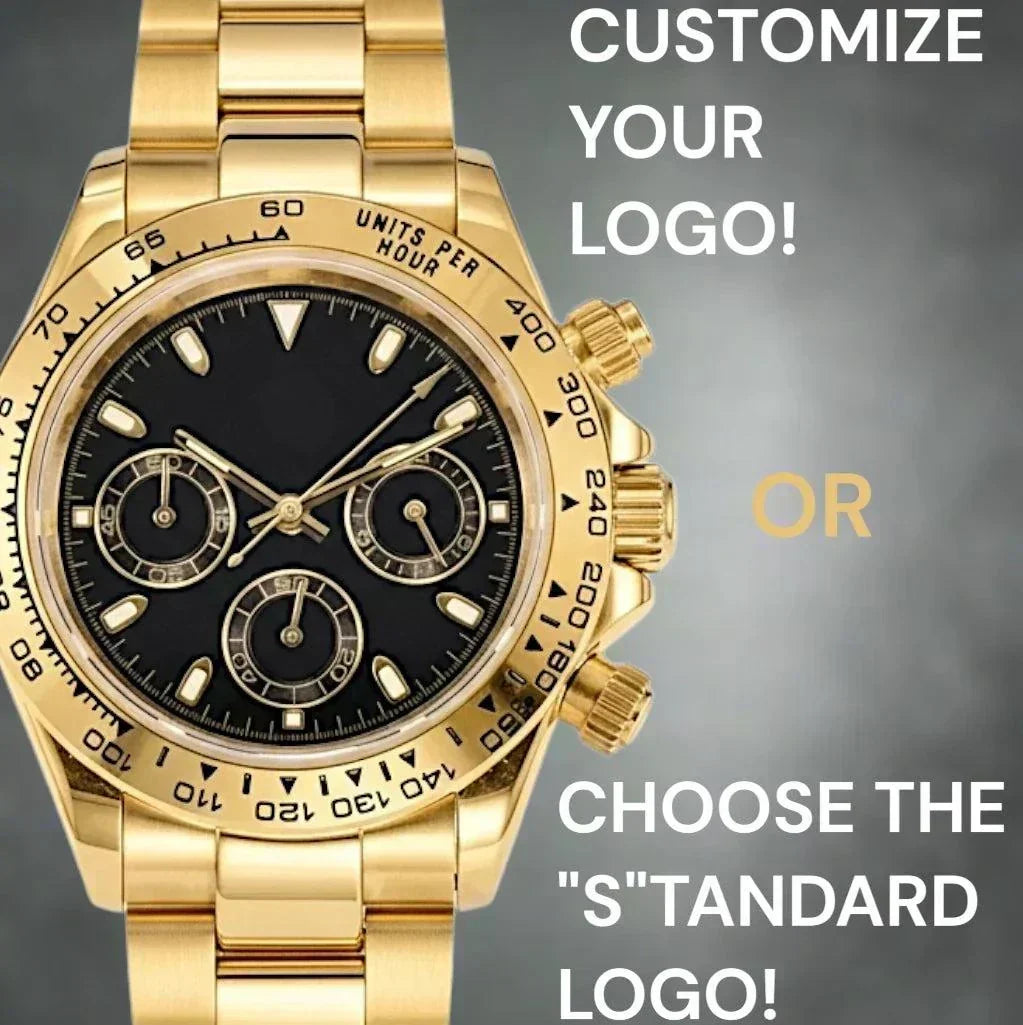 Seiko Mod Watches Daytona gold case watch with black gold dial luxury chronograph by Modtime Creations