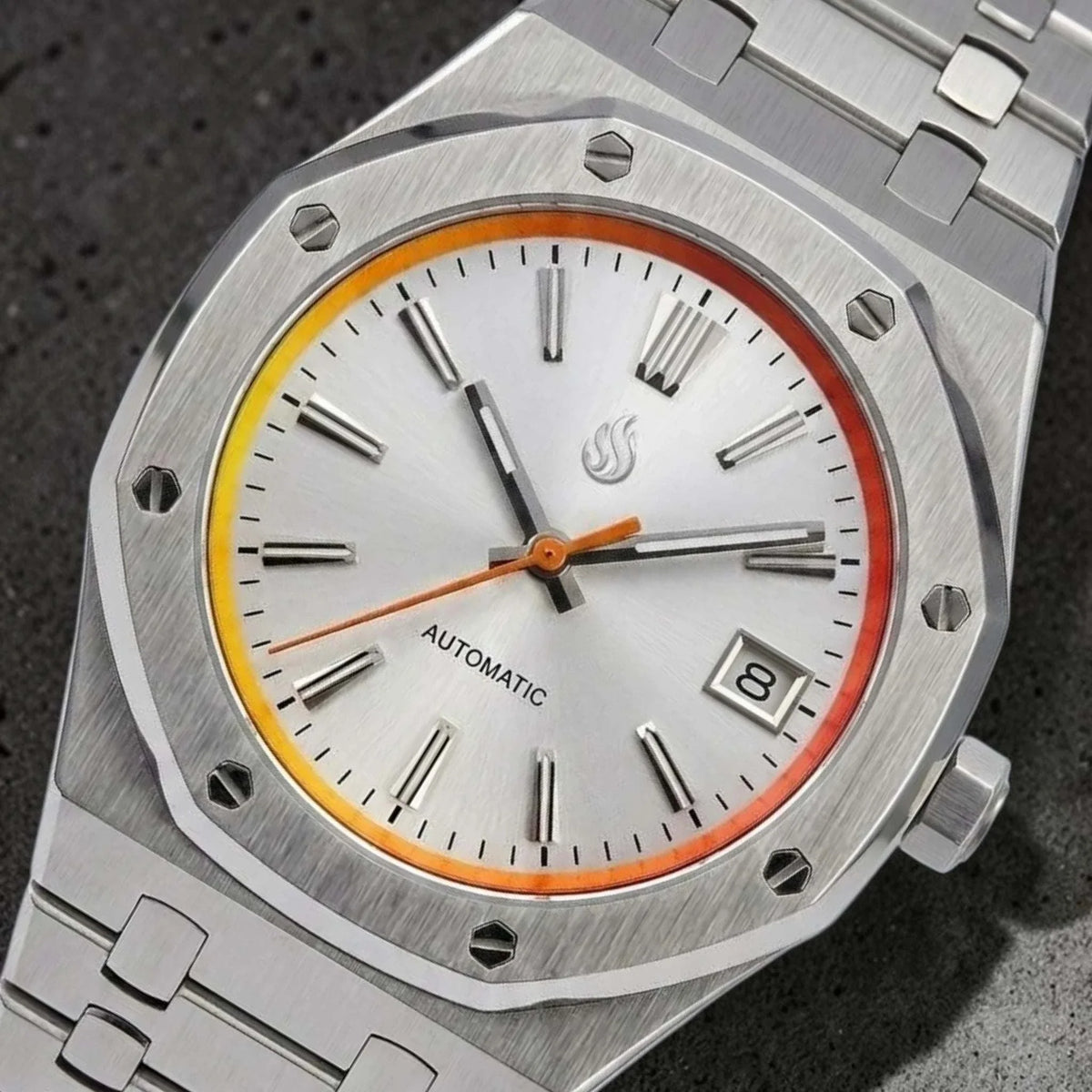 Seiko Mod Watches Royal Oak Grand Seiko Dial Fusion with Orange Yellow Chapter Ring built by Modtime Creations 