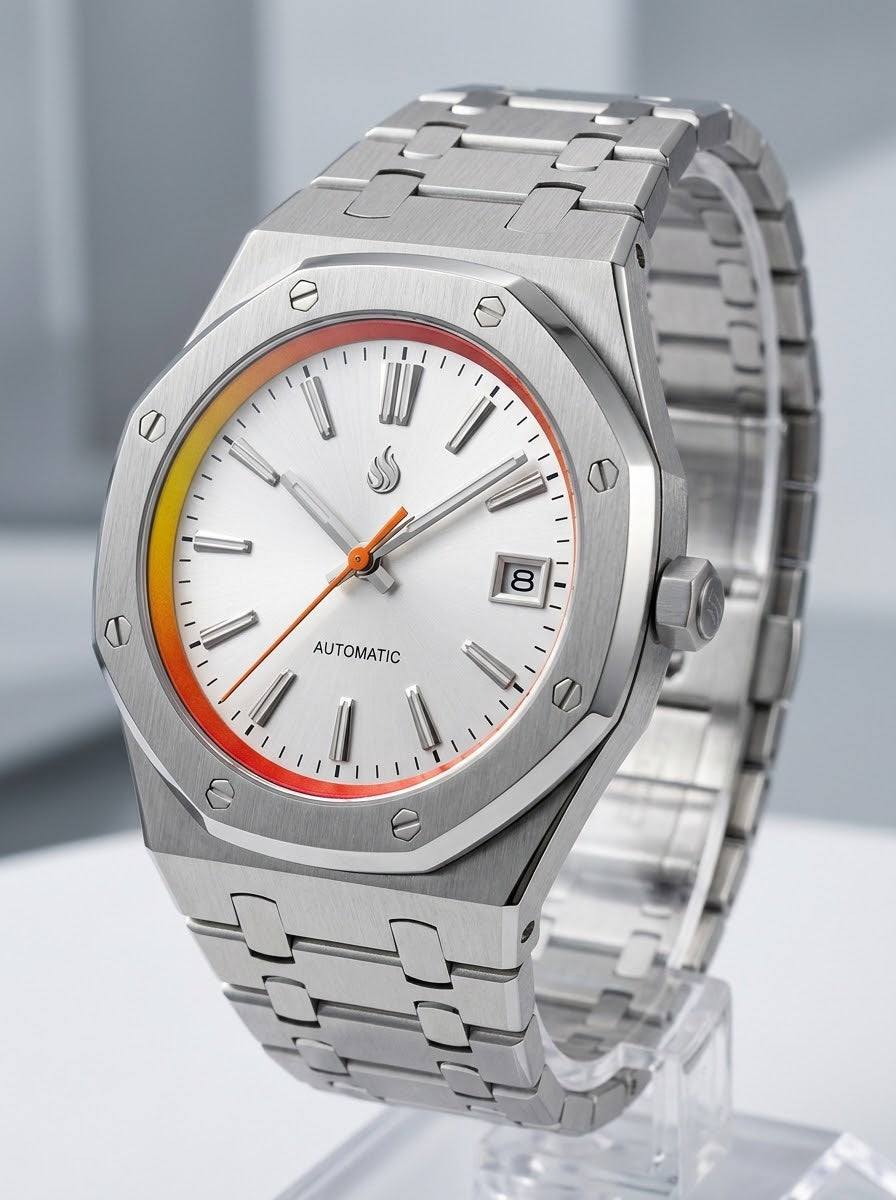 Seiko Mod Watches Royal Oak Grand Seiko Dial Fusion with Orange Yellow Chapter Ring built by Modtime Creations 