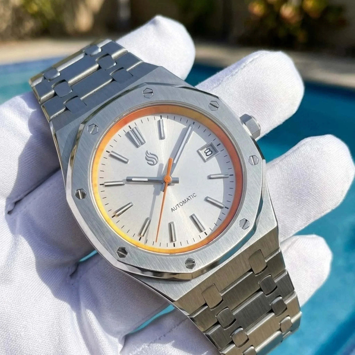 Seiko Mod Watches Royal Oak Grand Seiko Dial Fusion with Orange Yellow Chapter Ring built by Modtime Creations 
