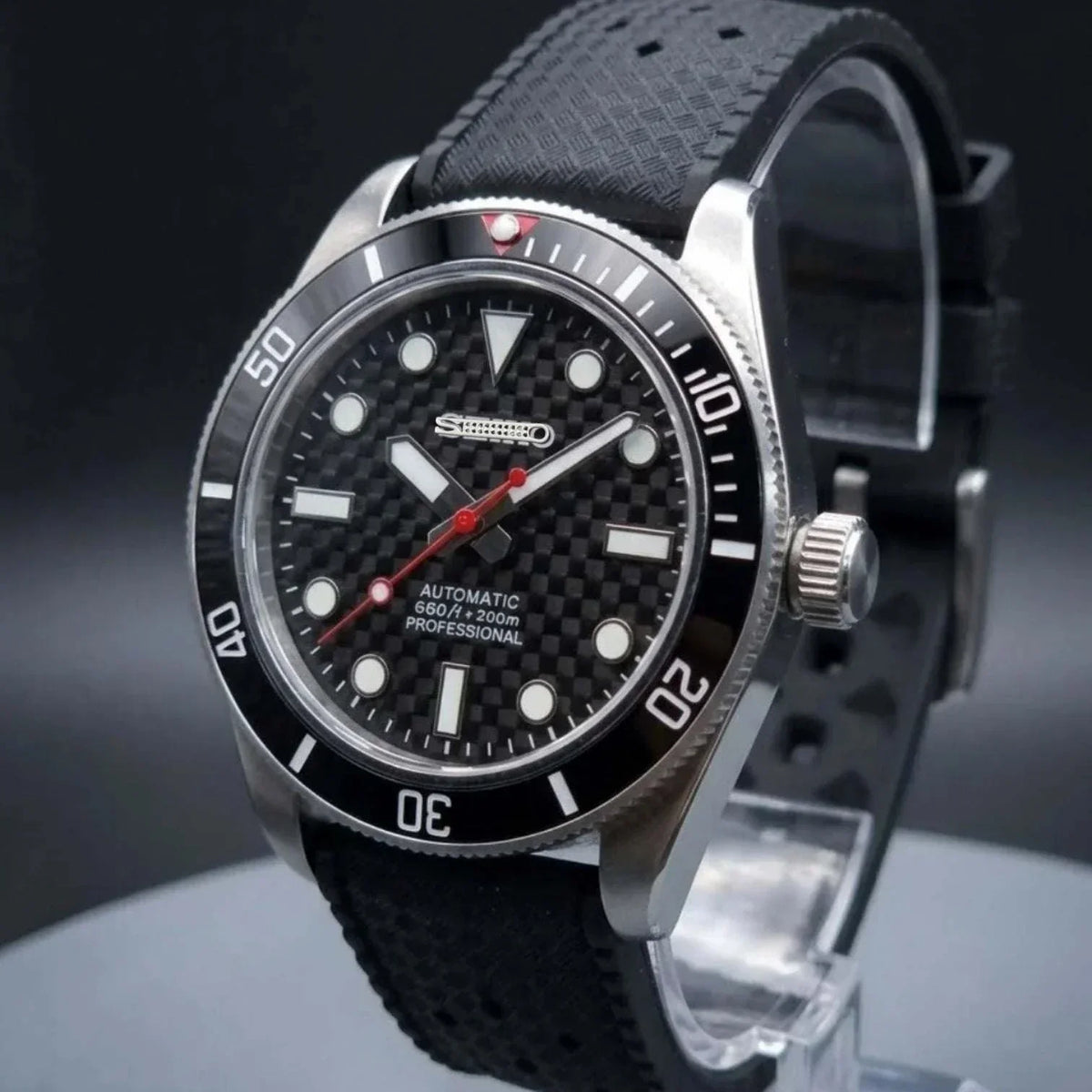 Seiko Mod Watches Submariner Black 3D Carbon Fiber built by Modtime Creations