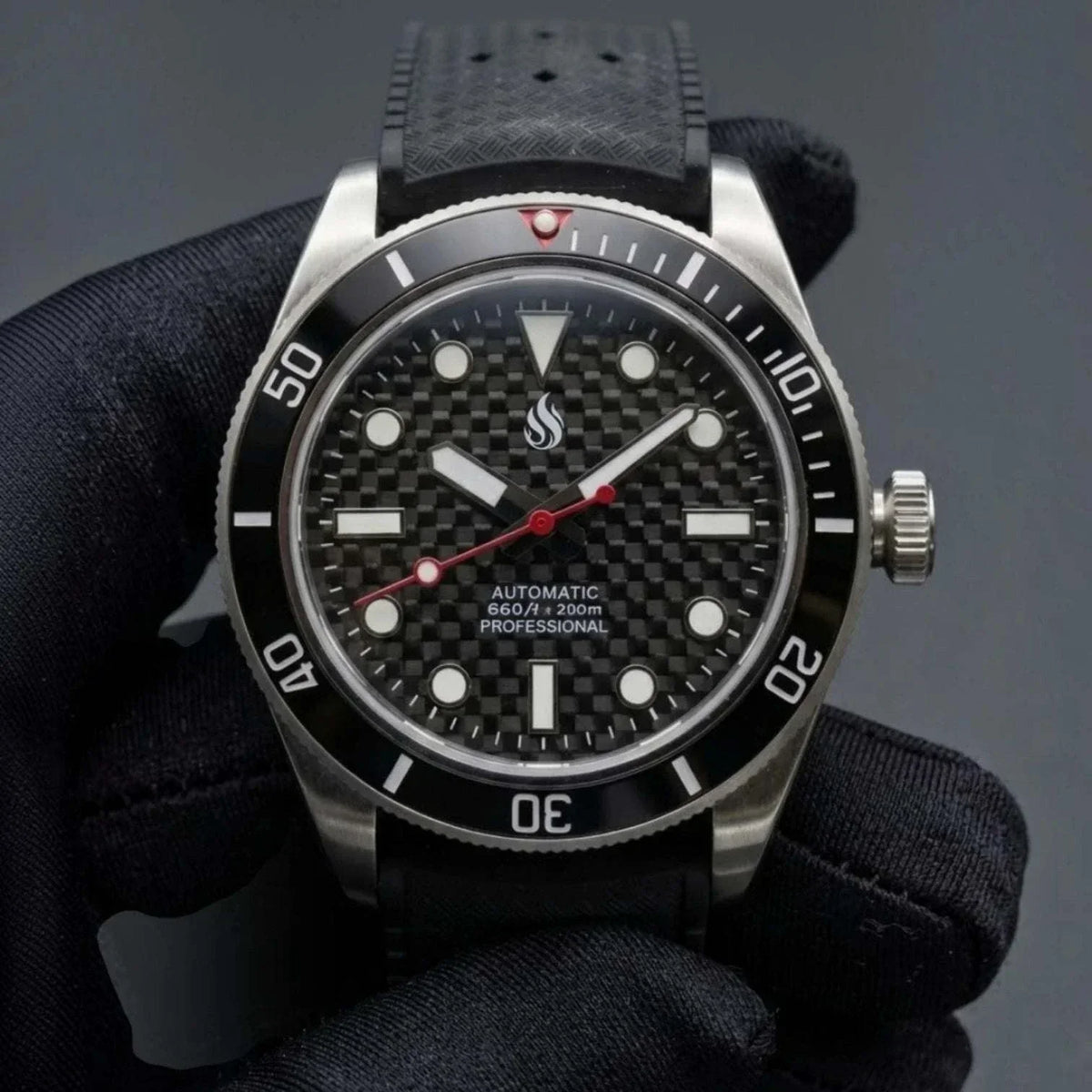 Seiko Mod Watches Submariner Black 3D Carbon Fiber built by Modtime Creations