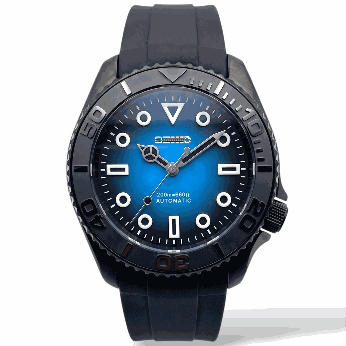 Seiko Mod Watches Submariner Black Blue Batman with Super Lume at Modtime Creations 