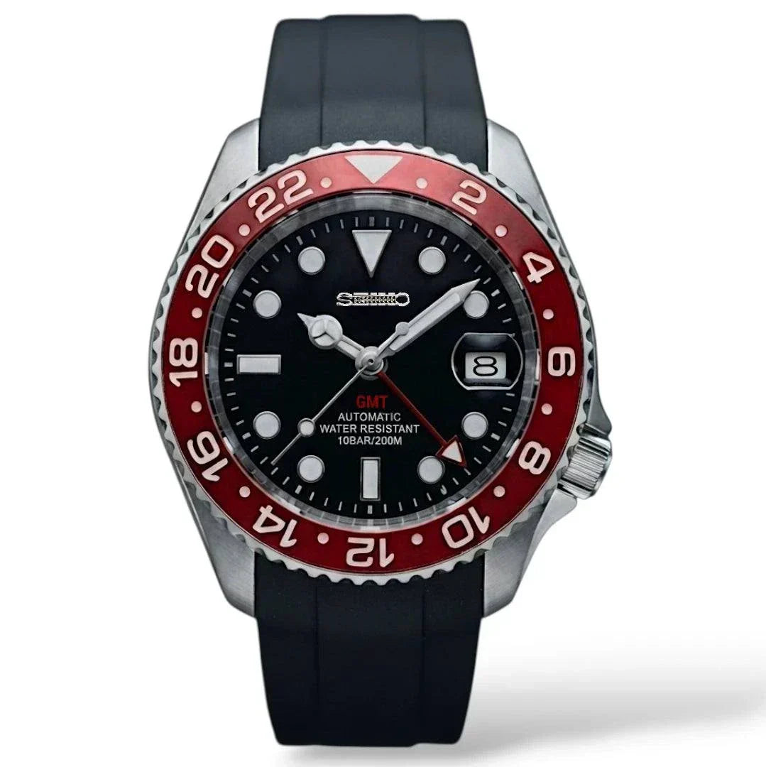 Seiko Mod Watches Submariner GMT Master Black dial with Red Bezel 42MM SKX built by Modtime Creations 