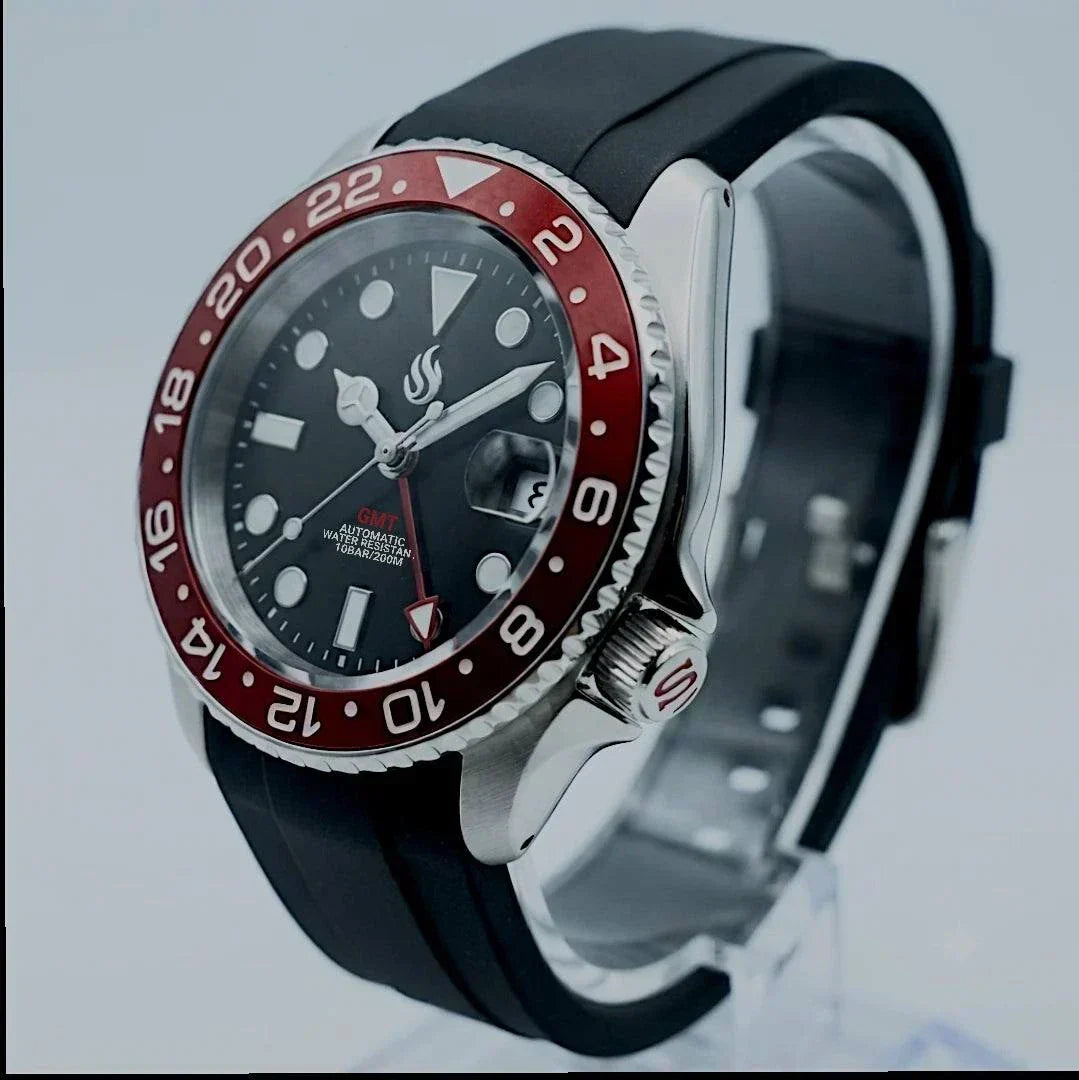 Seiko Mod Watches Submariner GMT Master Black dial with Red Bezel 42MM SKX built by Modtime Creations 