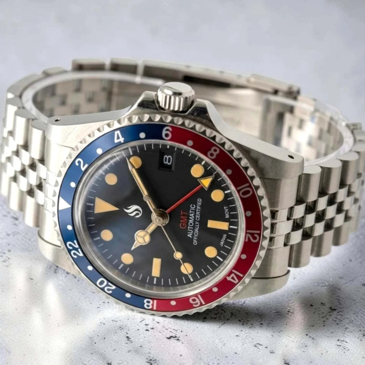 Seiko Mod Watches Red Blue "Pepsi"  Vintage Submariner GMT Silver case and bracelet built by Modtime Creations