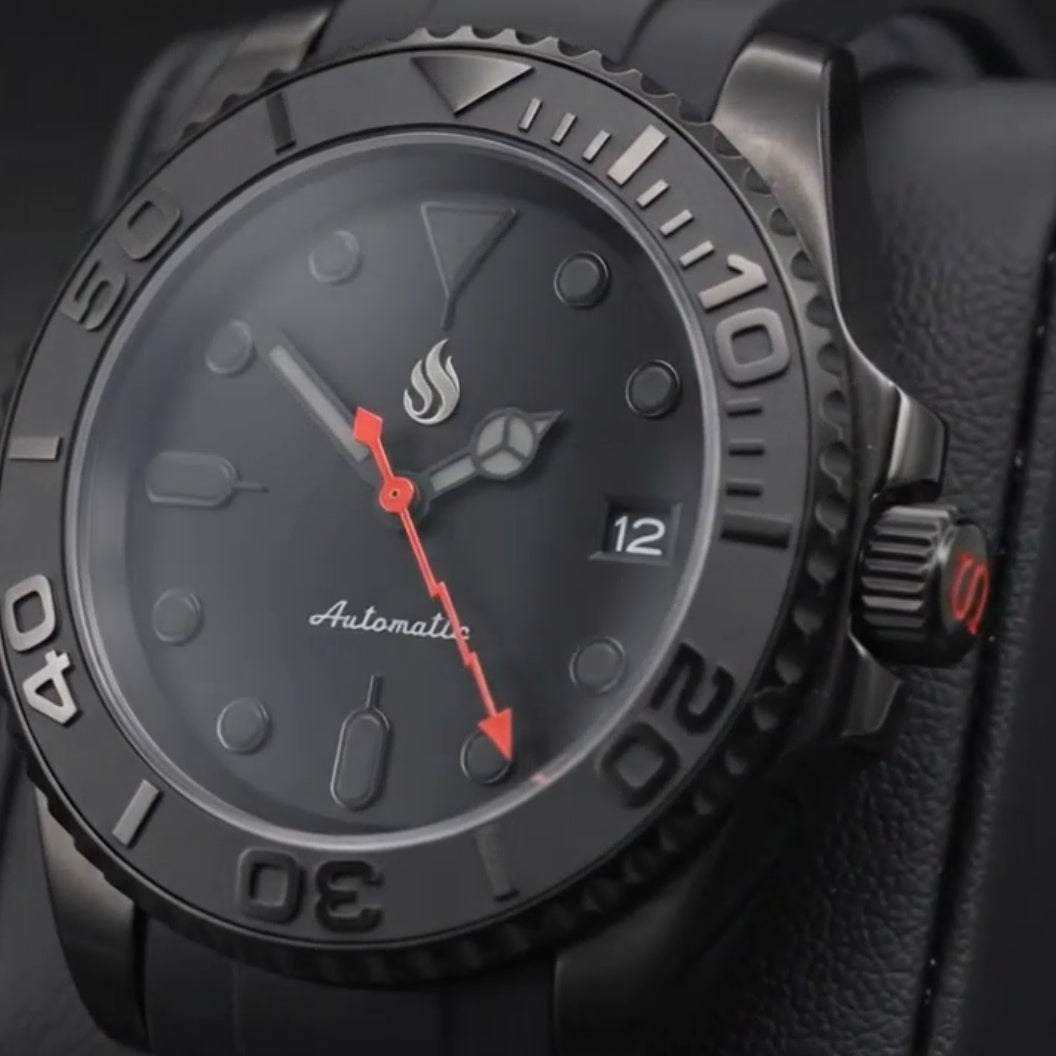 Yachtmaster Black Stealth Diver Seiko Mod watch with 42mm or 40mm case, Japanese NH36 automatic movement, sapphire crystal, and stainless steel bracelet by Modtime Creations