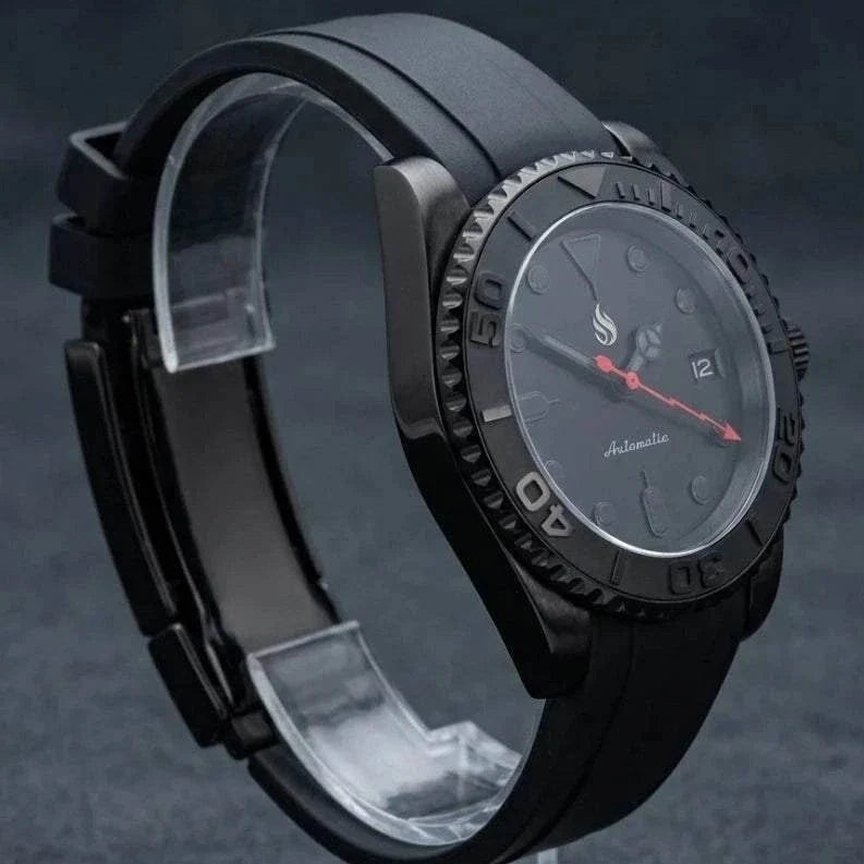 Yachtmaster Black Stealth Diver Seiko Mod watch with 42mm or 40mm case, Japanese NH36 automatic movement, sapphire crystal, and stainless steel bracelet by Modtime Creations