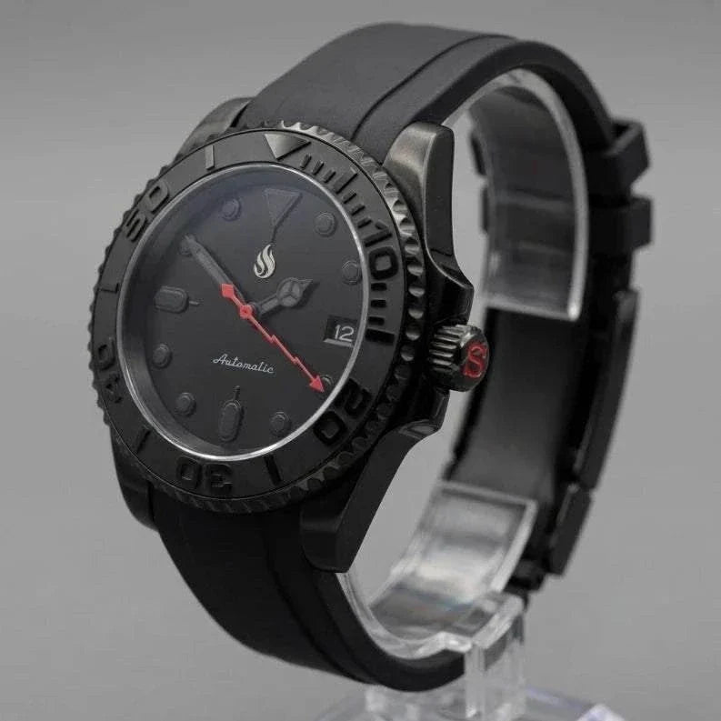 Yachtmaster Black Stealth Diver Seiko Mod watch with 42mm or 40mm case, Japanese NH36 automatic movement, sapphire crystal, and stainless steel bracelet by Modtime Creations