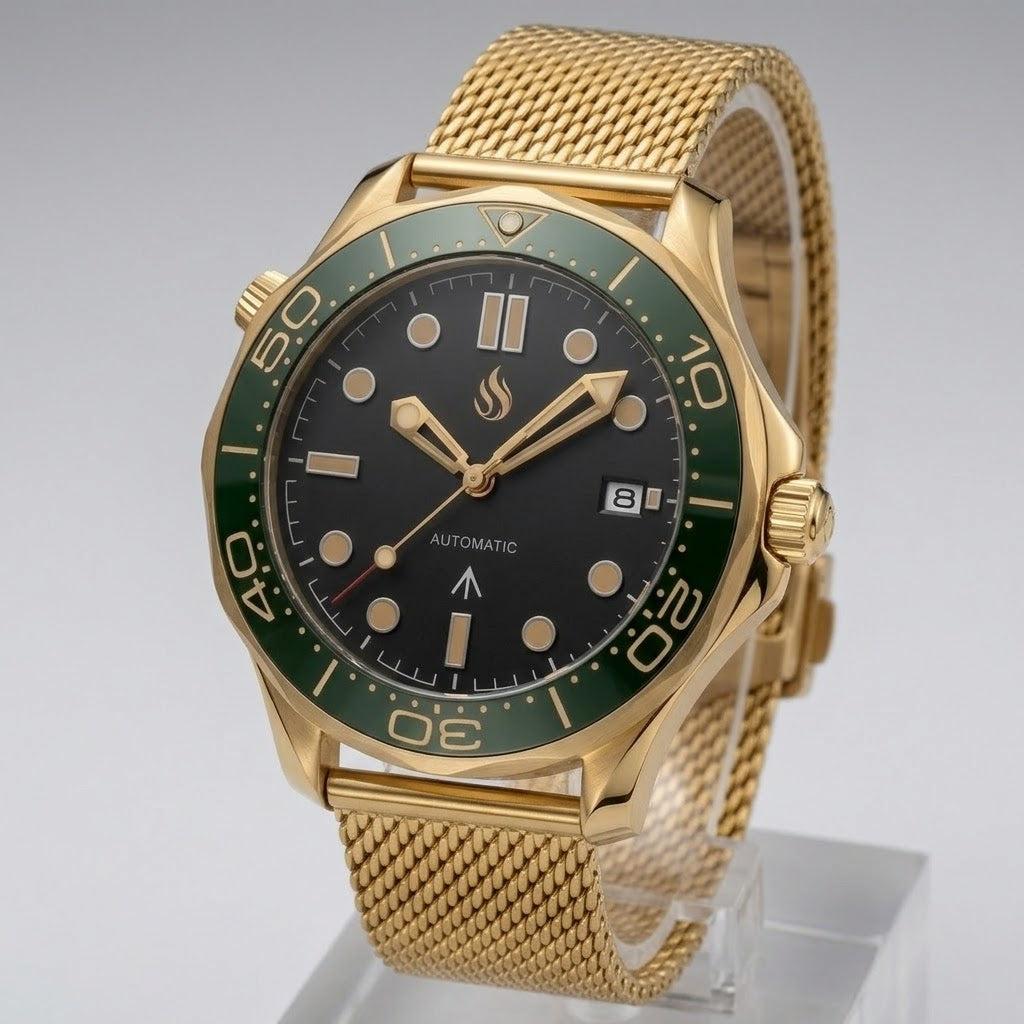Seiko Mod watches Seamaster 007 with a black dial and gold green bezel case built by Modtime creations
