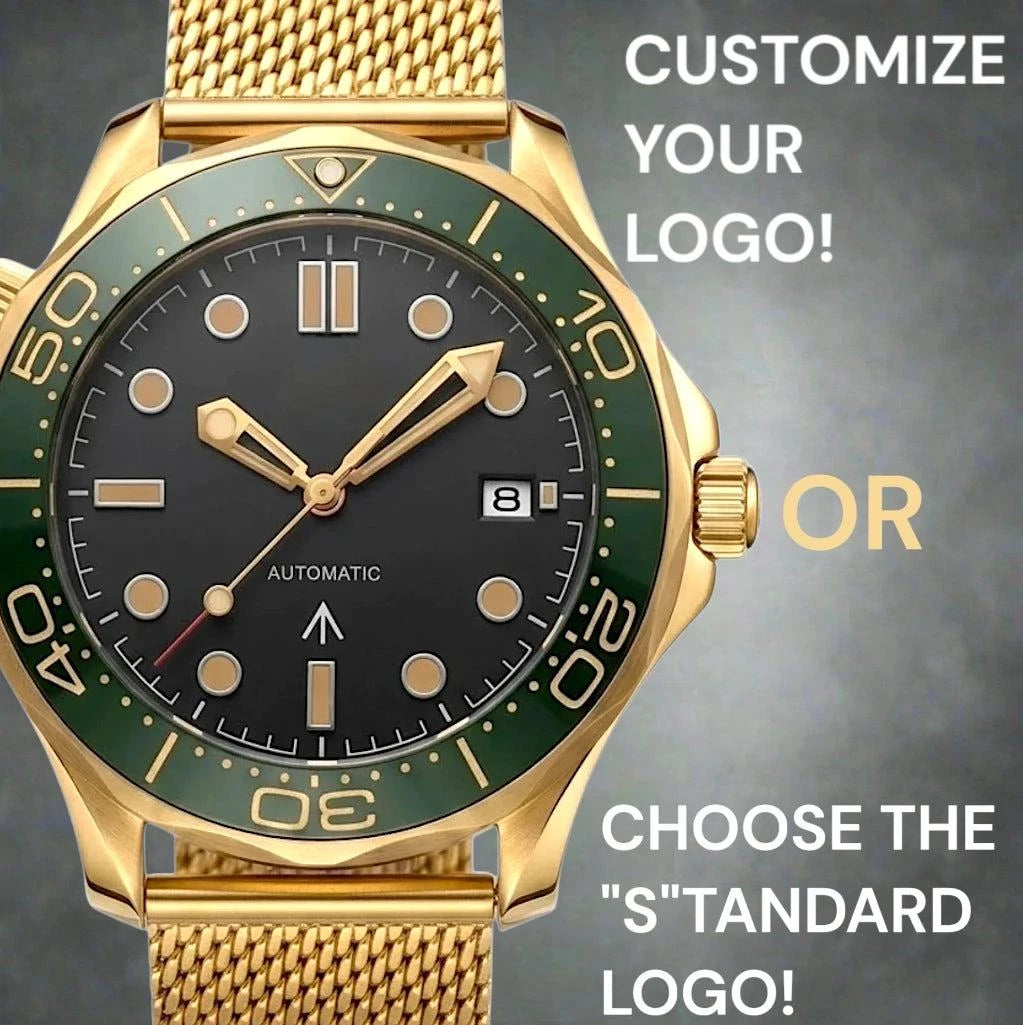 Seiko Mod watches Seamaster 007 with a black dial and gold green bezel case built by Modtime creations