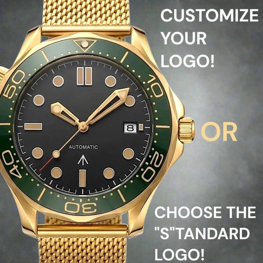 Seiko Mod watches Seamaster 007 with a black dial and gold green bezel case built by Modtime creations