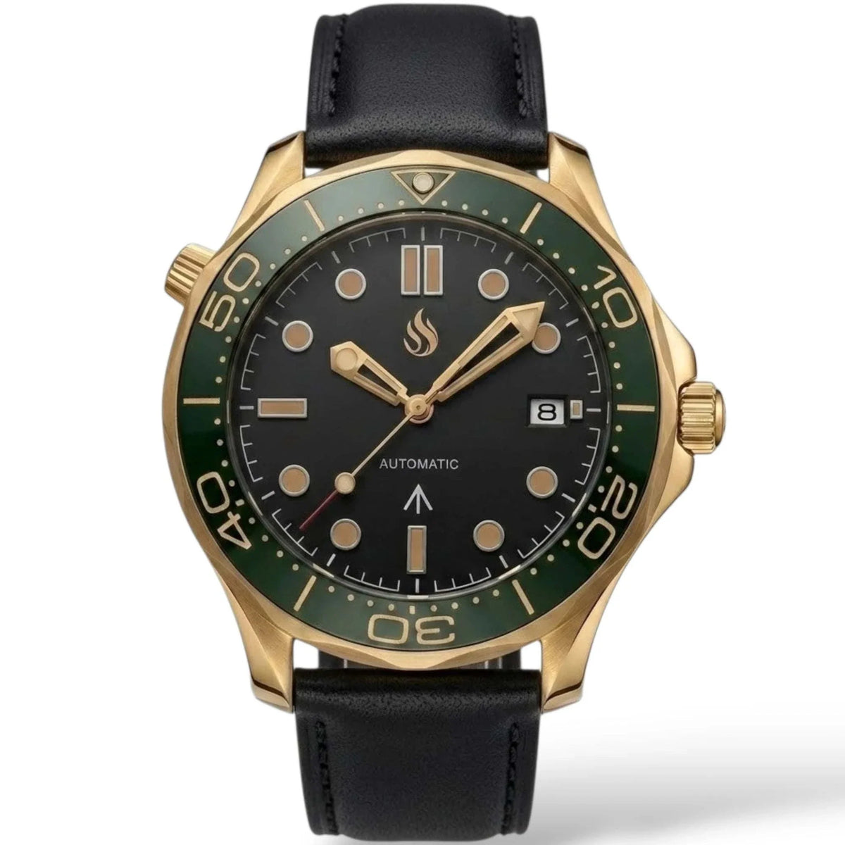 Seiko Mod watches Seamaster 007 with a black dial and gold green bezel case built by Modtime creations