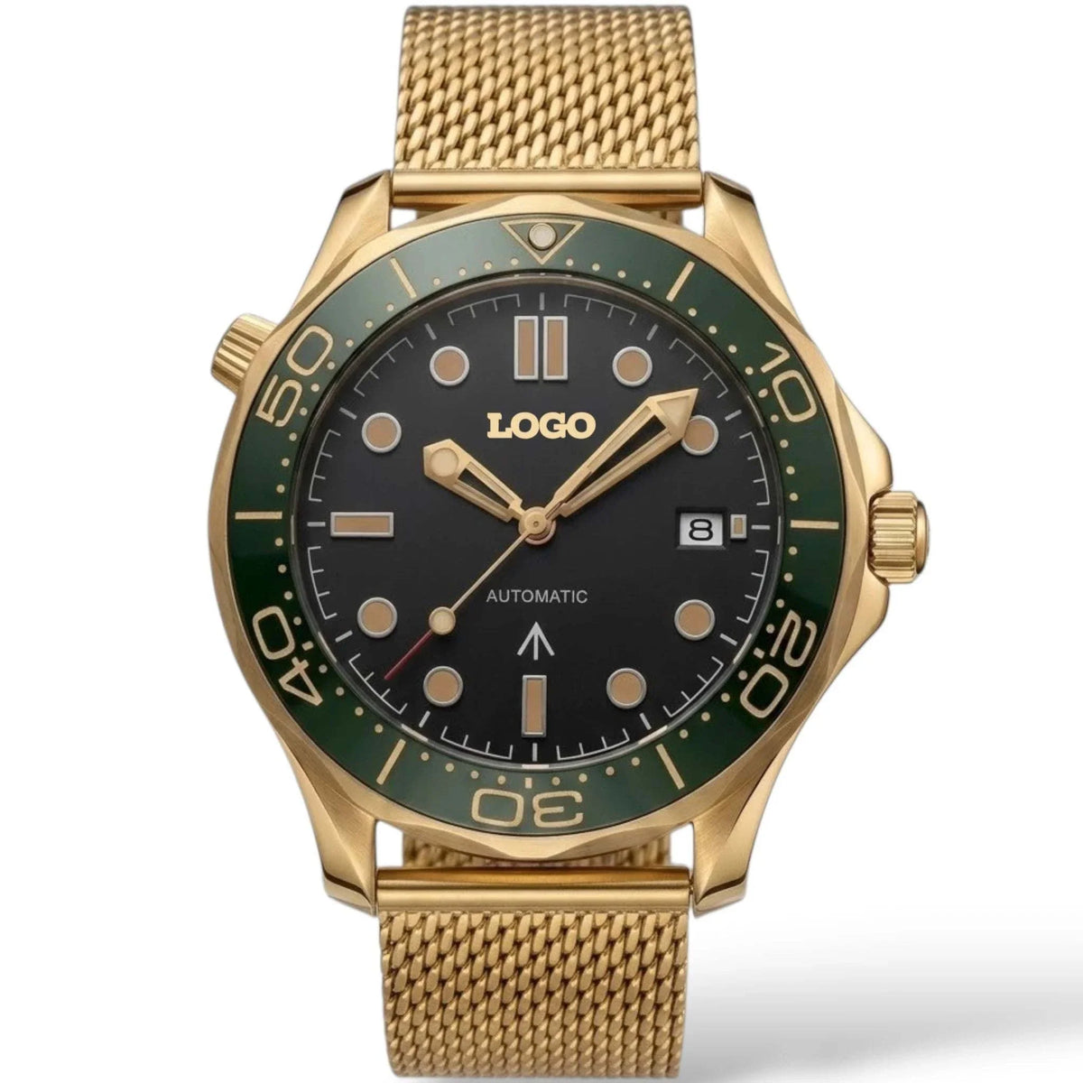 Seiko Mod watches Seamaster 007 with a black dial and gold green bezel case built by Modtime creations