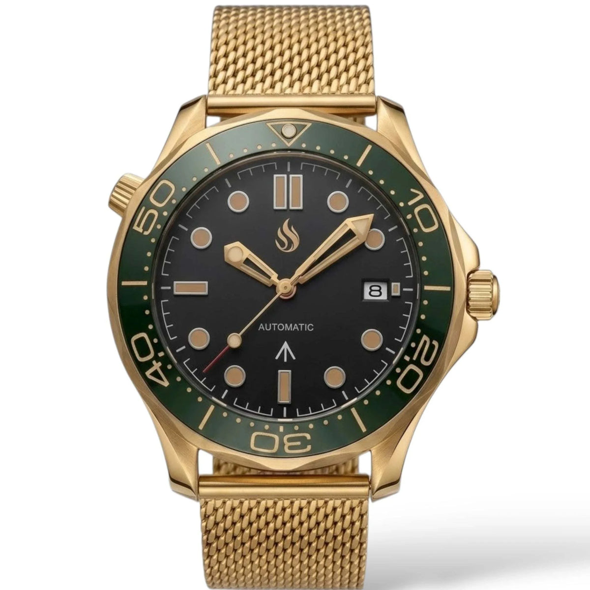 Seiko Mod watches Seamaster 007 with a black dial and gold green bezel case built by Modtime creations
