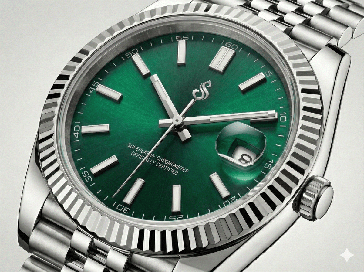 Seiko mod Datejust with emerald green dial, date window, NH35 automatic movement, sapphire crystal, stainless steel case and bracelet by Modtime Creations