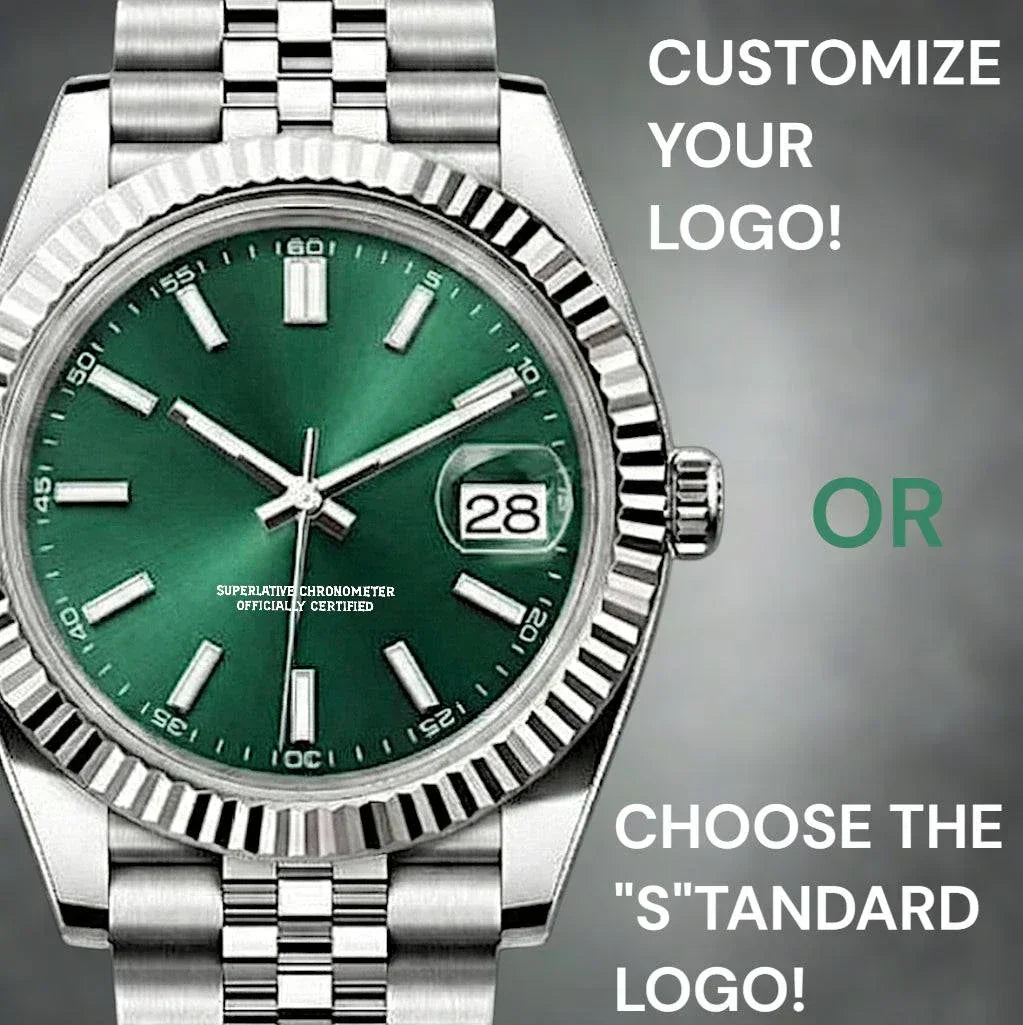 Seiko mod Datejust with emerald green dial, date window, NH35 automatic movement, sapphire crystal, stainless steel case and bracelet by Modtime Creations