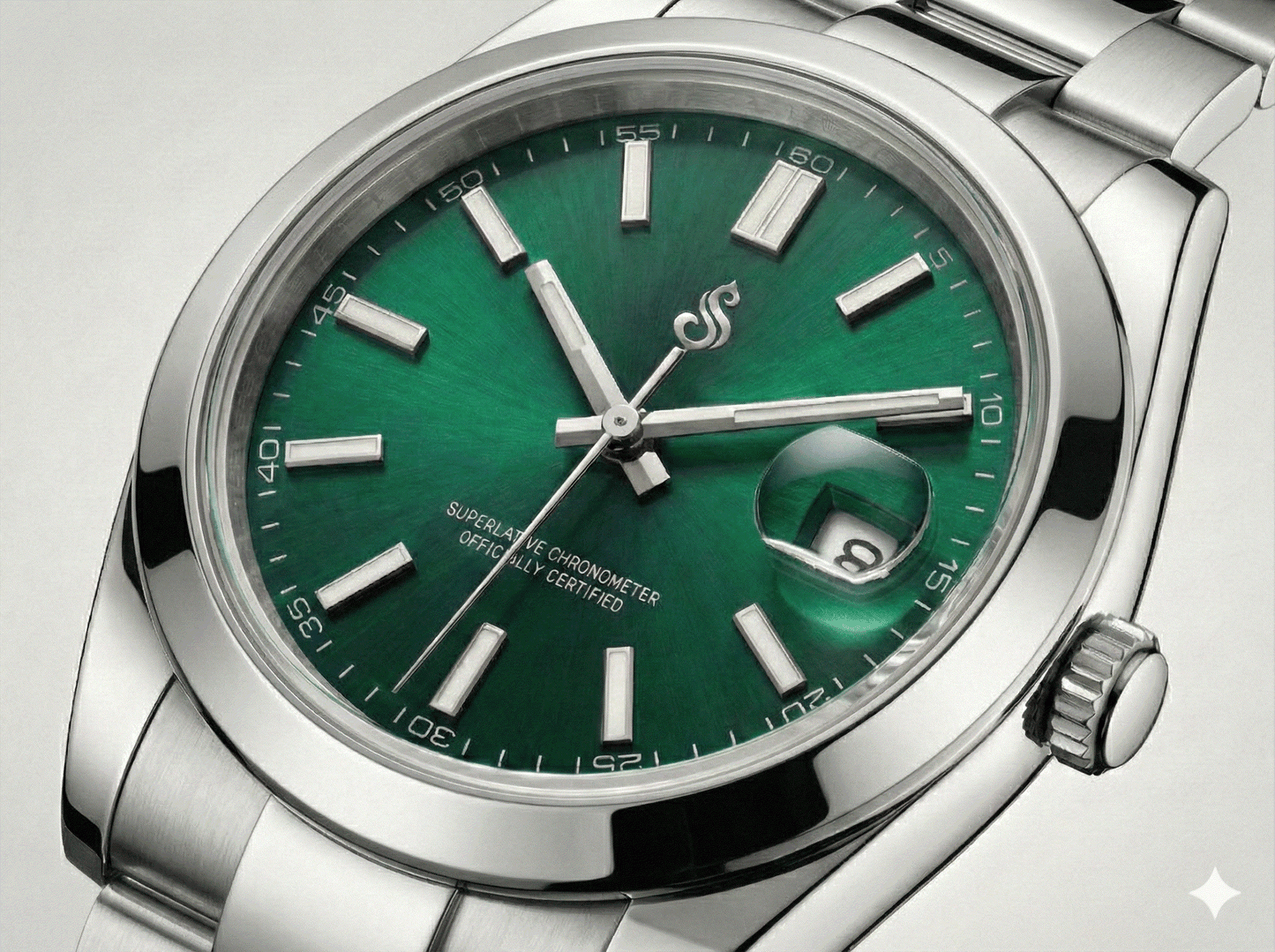 Seiko mod Datejust with emerald green dial, date window, NH35 automatic movement, sapphire crystal, stainless steel case and bracelet by Modtime Creations