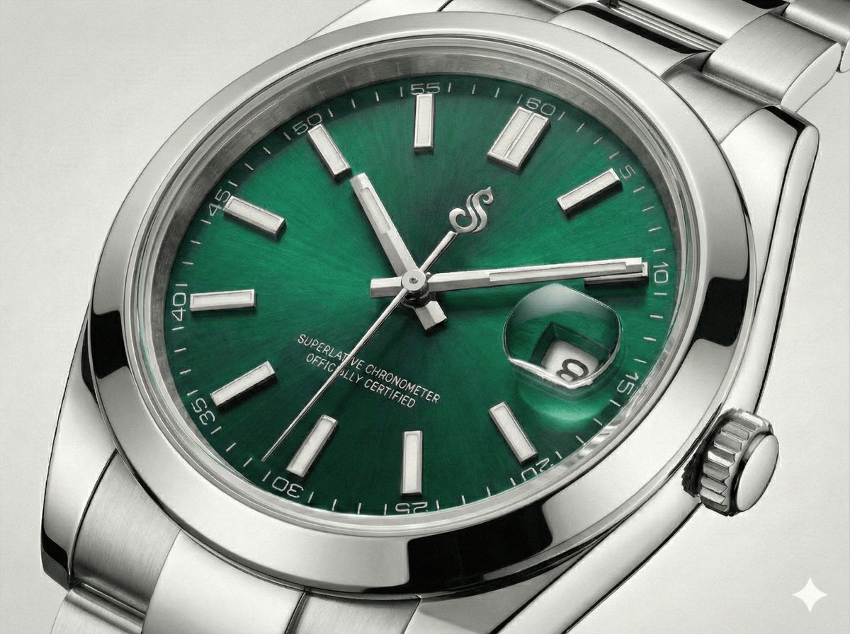 Seiko mod Datejust with emerald green dial, date window, NH35 automatic movement, sapphire crystal, stainless steel case and bracelet by Modtime Creations