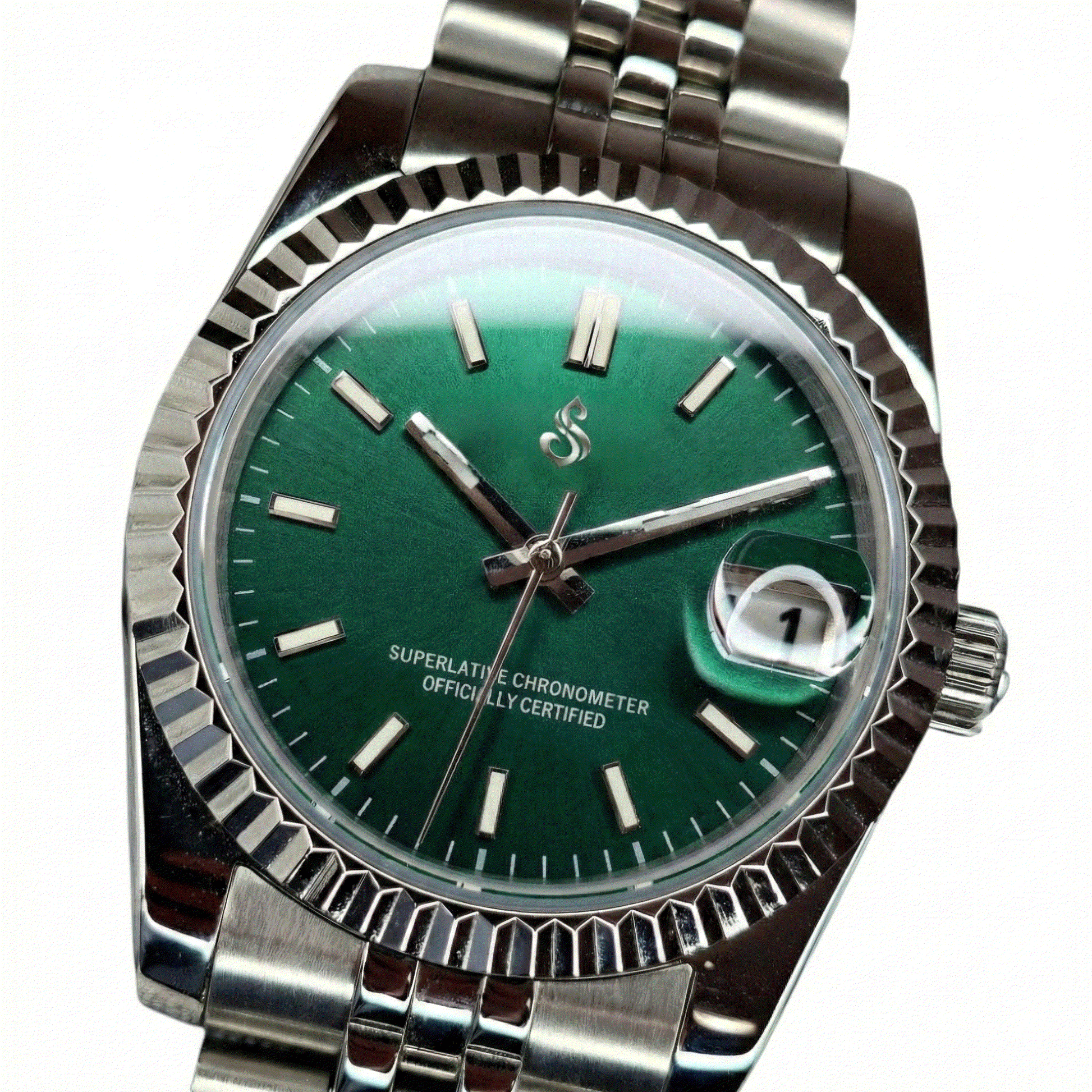 Seiko mod Datejust with emerald green dial, date window, NH35 automatic movement, sapphire crystal, stainless steel case and bracelet by Modtime Creations