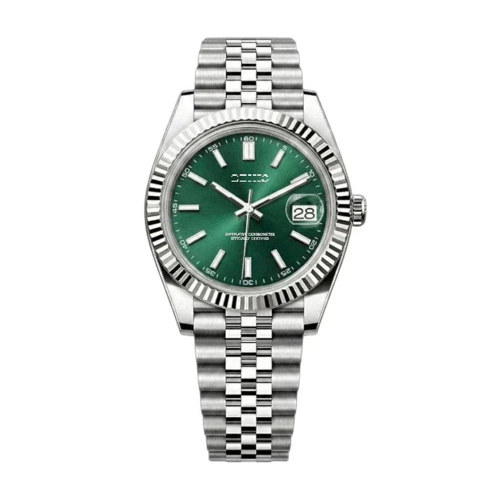 Seiko mod Datejust with emerald green dial, date window, NH35 automatic movement, sapphire crystal, stainless steel case and bracelet by Modtime Creations