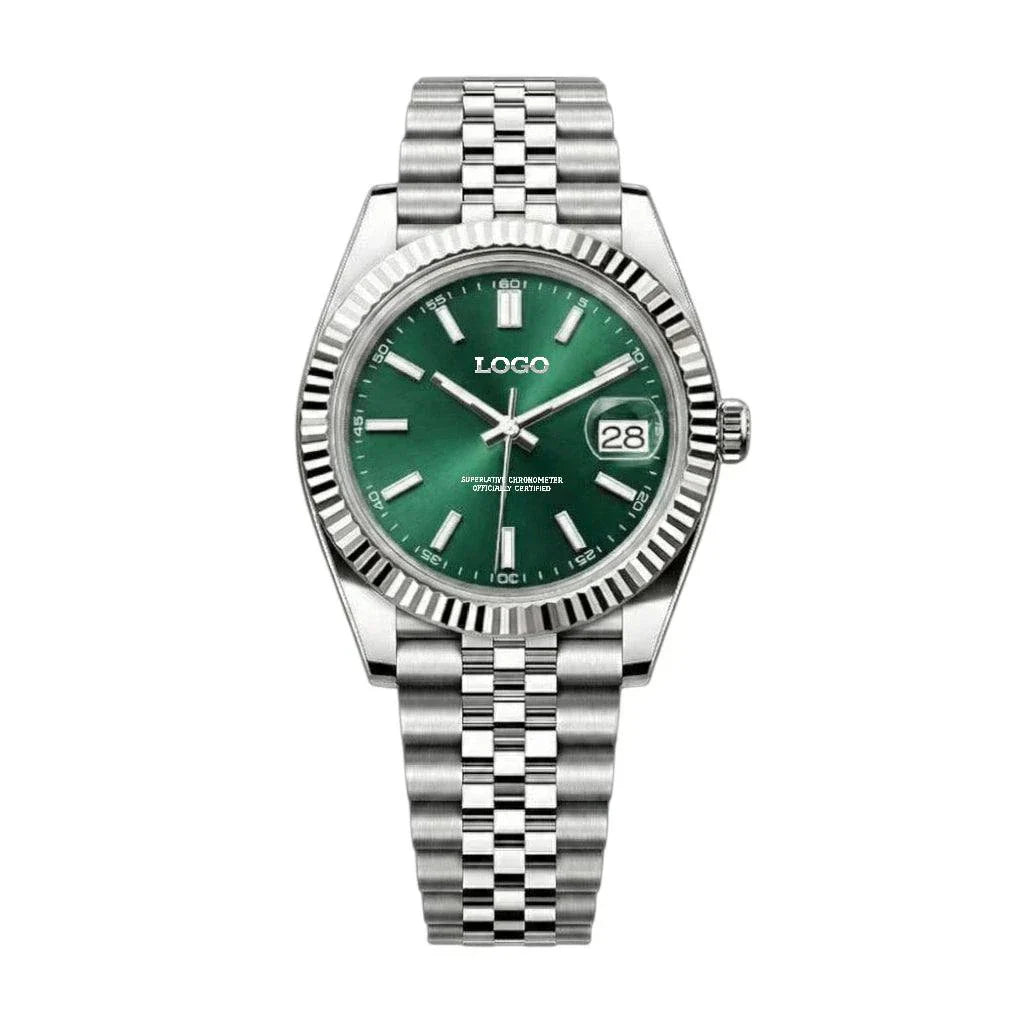 Seiko mod Datejust with emerald green dial, date window, NH35 automatic movement, sapphire crystal, stainless steel case and bracelet by Modtime Creations