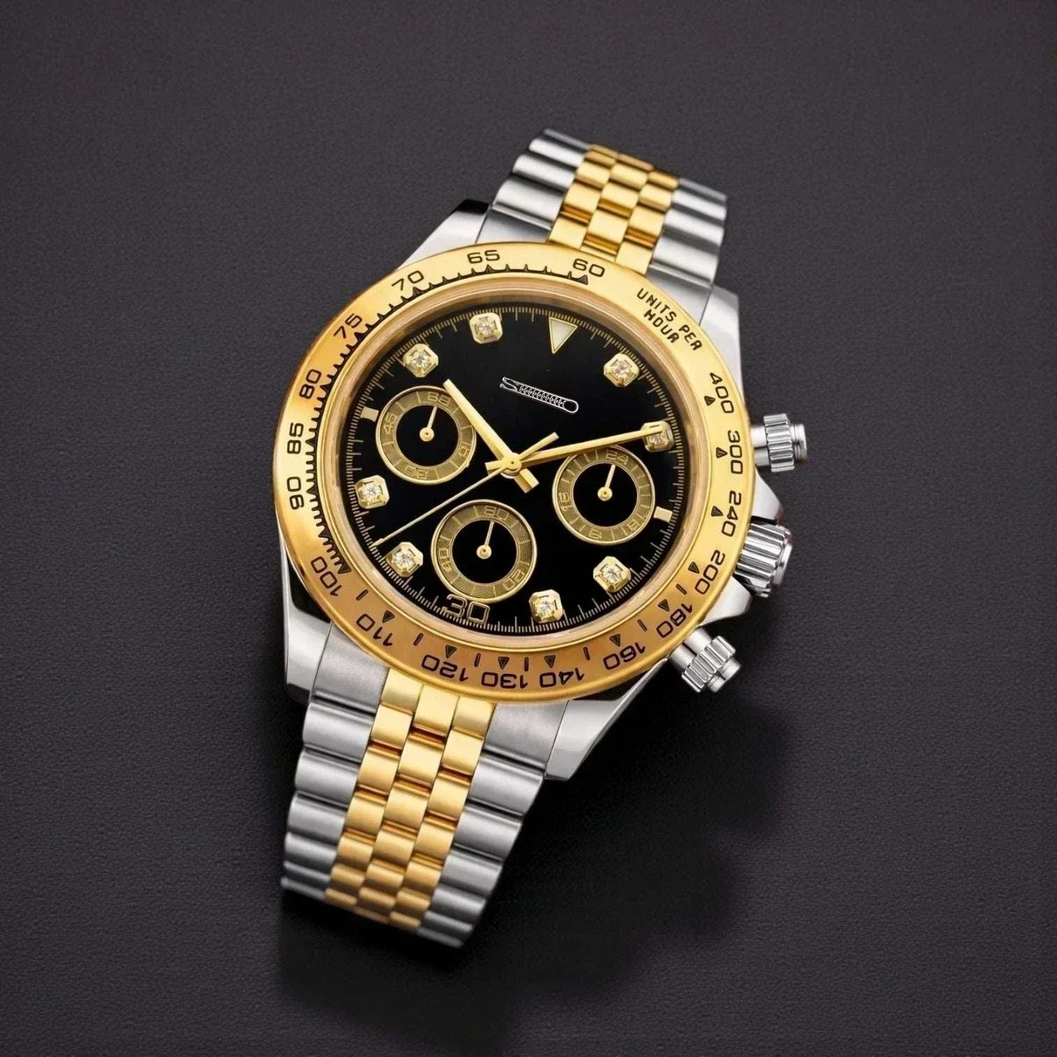 Seiko mod Daytona luxury chronograph with black gold gem dial and VK63 hybrid movement by Modtime