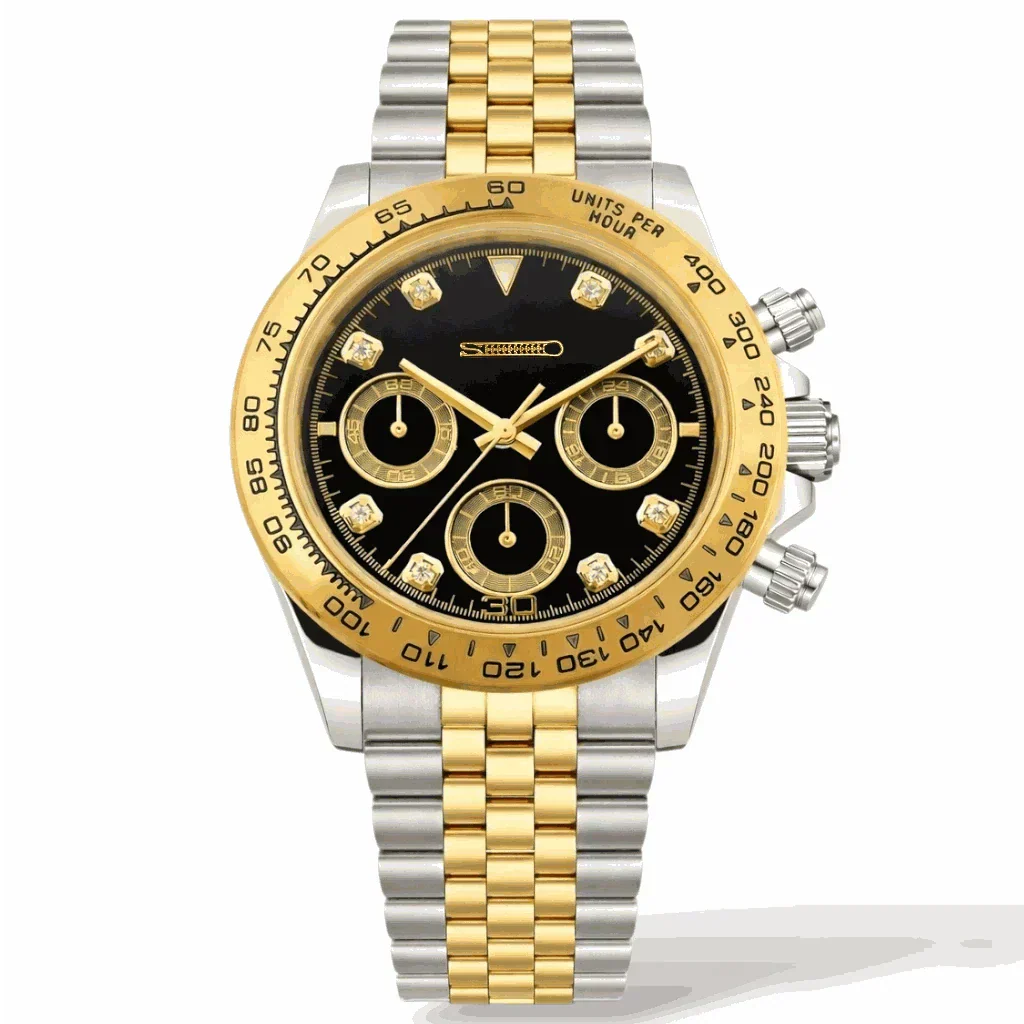 Seiko mod Daytona luxury chronograph with black gold gem dial and VK63 hybrid movement
