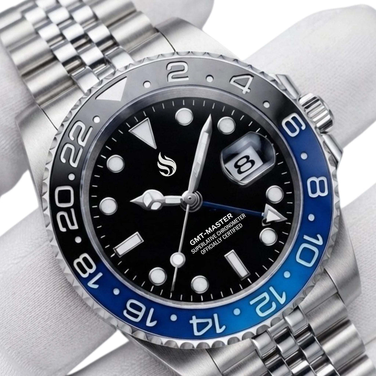Seiko Mod Submariner GMT Batman luxury watch with black dial and stainless steel bracelet