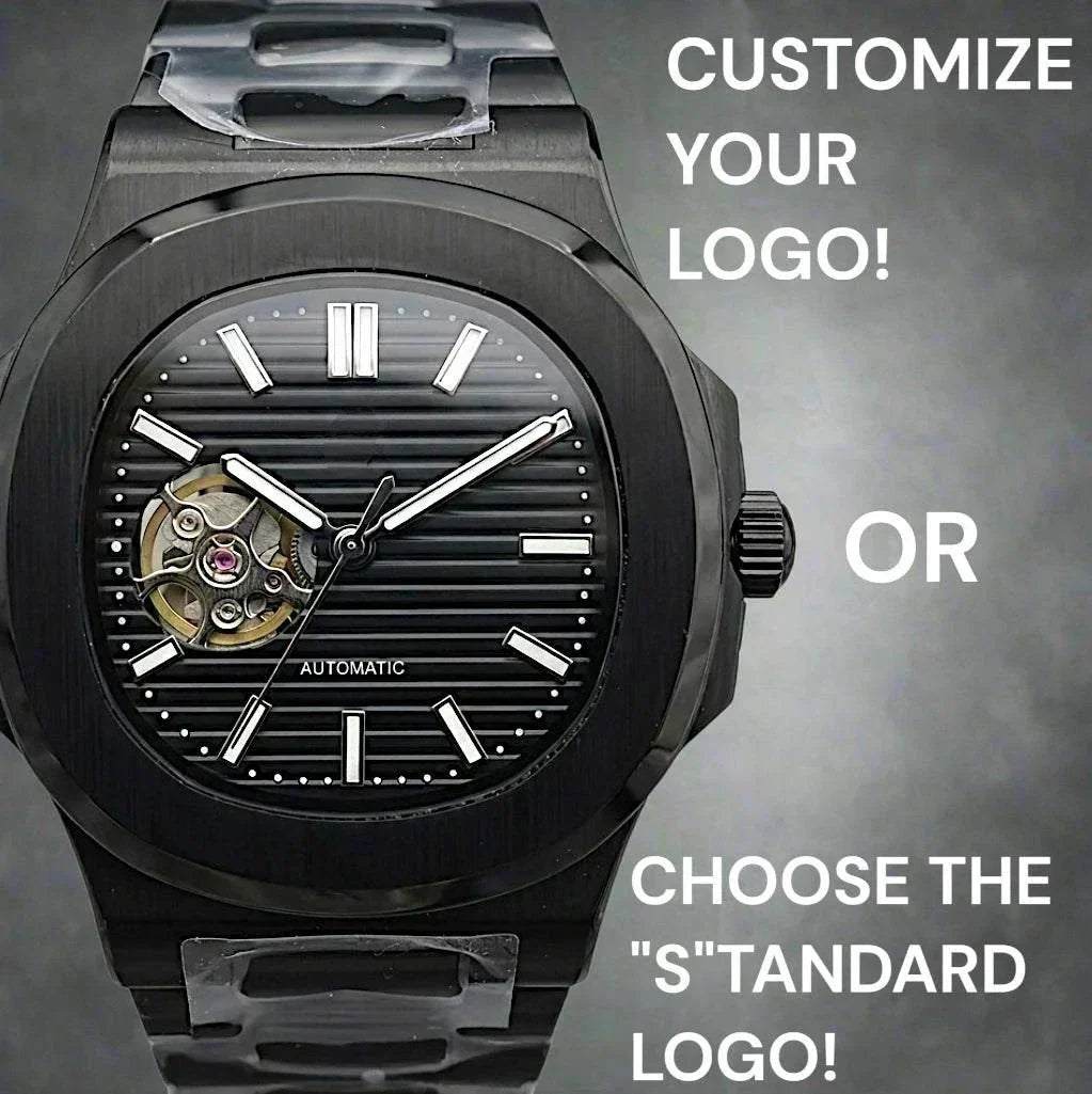Seiko mod nautilus watch Open-Heart luxury watch with black dial and stainless steel case by Modtime Creations