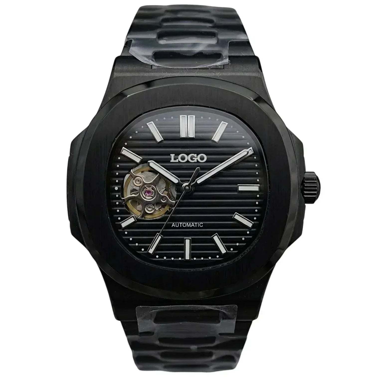 Seiko mod nautilus watch Open-Heart luxury watch with black dial and stainless steel case by Modtime Creations