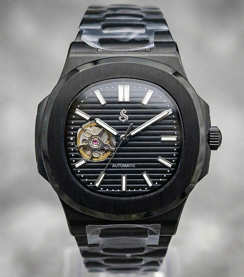 Seiko mod nautilus watch Open-Heart luxury watch with black dial and stainless steel case by Modtime Creations