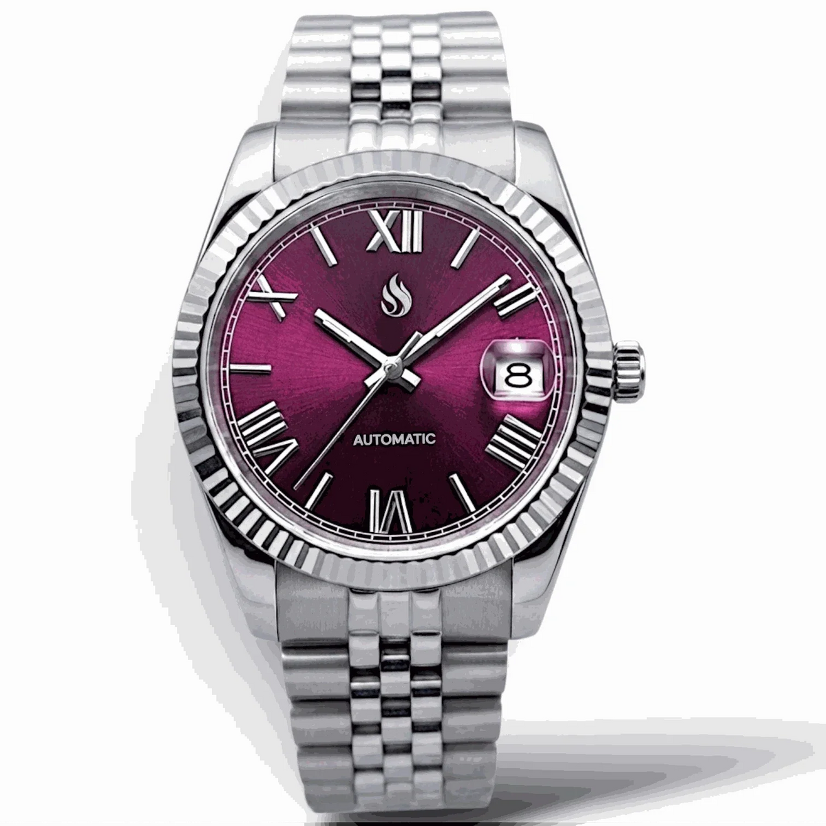 Seiko mod watches datejust "Fuchsia" Purple Dial Fluted Bezel with jubilee-style bracelet at Modtime Creations 