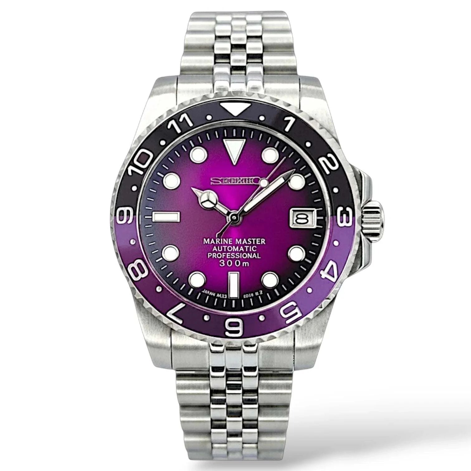Seiko mod watches Submariner purple fuchsia dial "Joker" diver built by Modtime Creations 