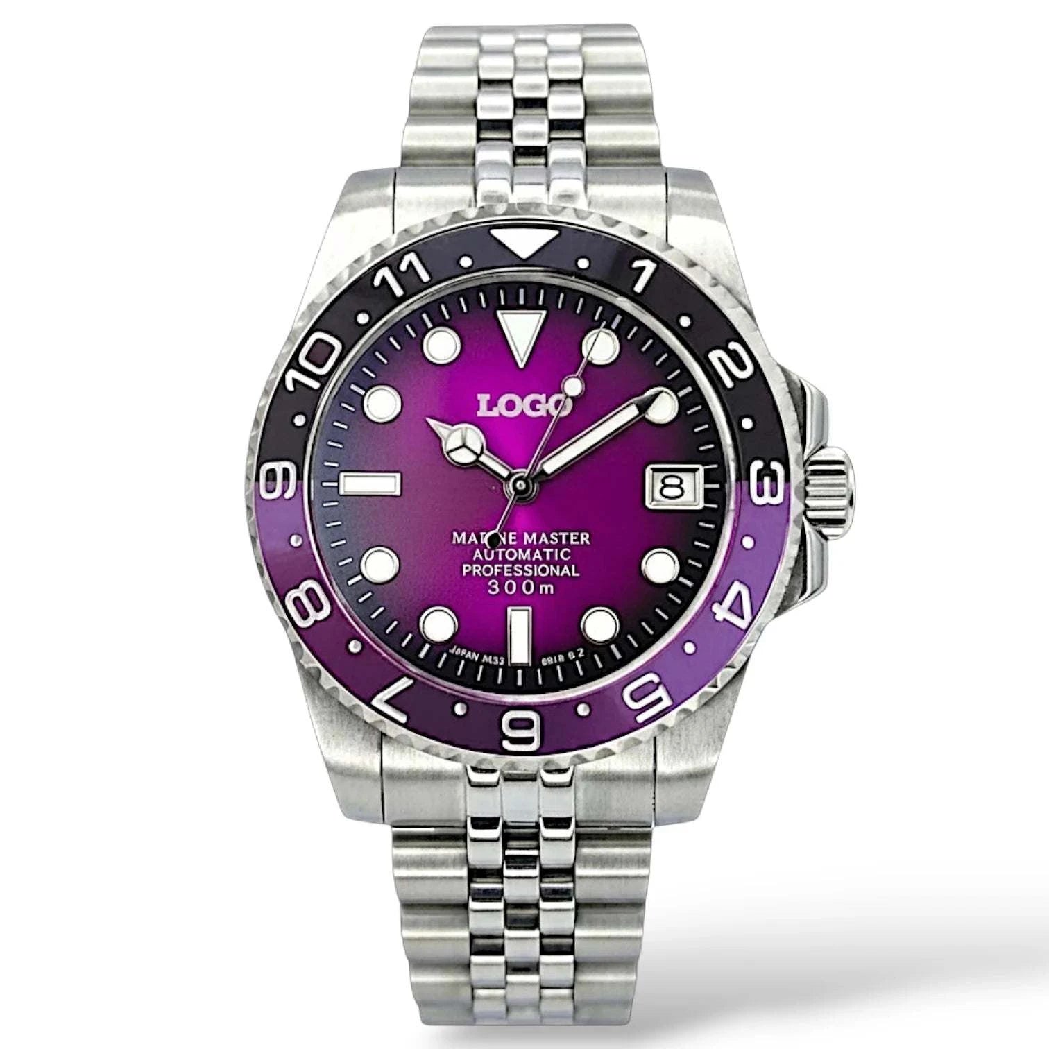 Seiko mod watches Submariner purple fuchsia dial "Joker" diver built by Modtime Creations 