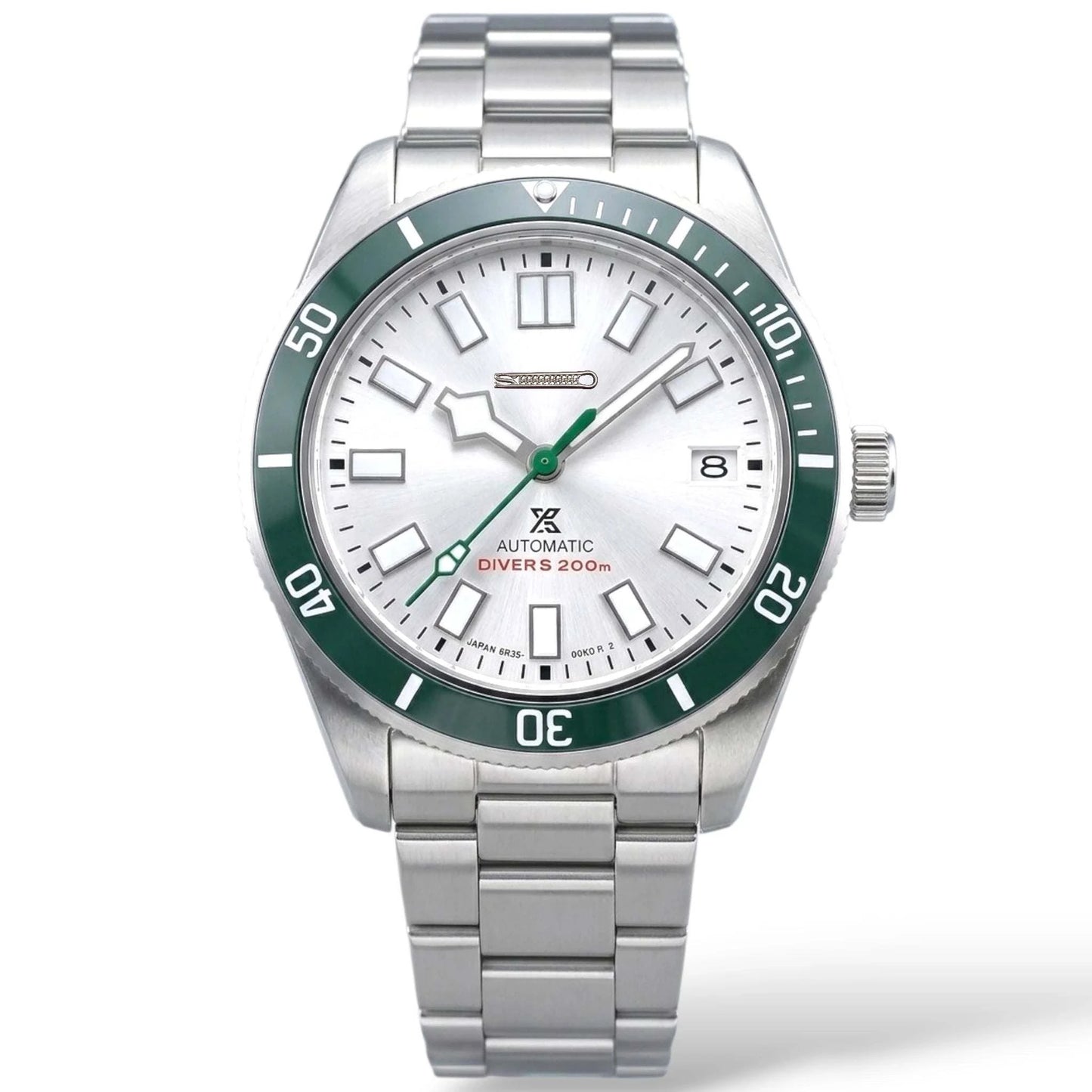 Seiko Mod Submariner Tudor Pelagos Fusion green white diver watch with NH35 automatic movement by Modtime Creations 