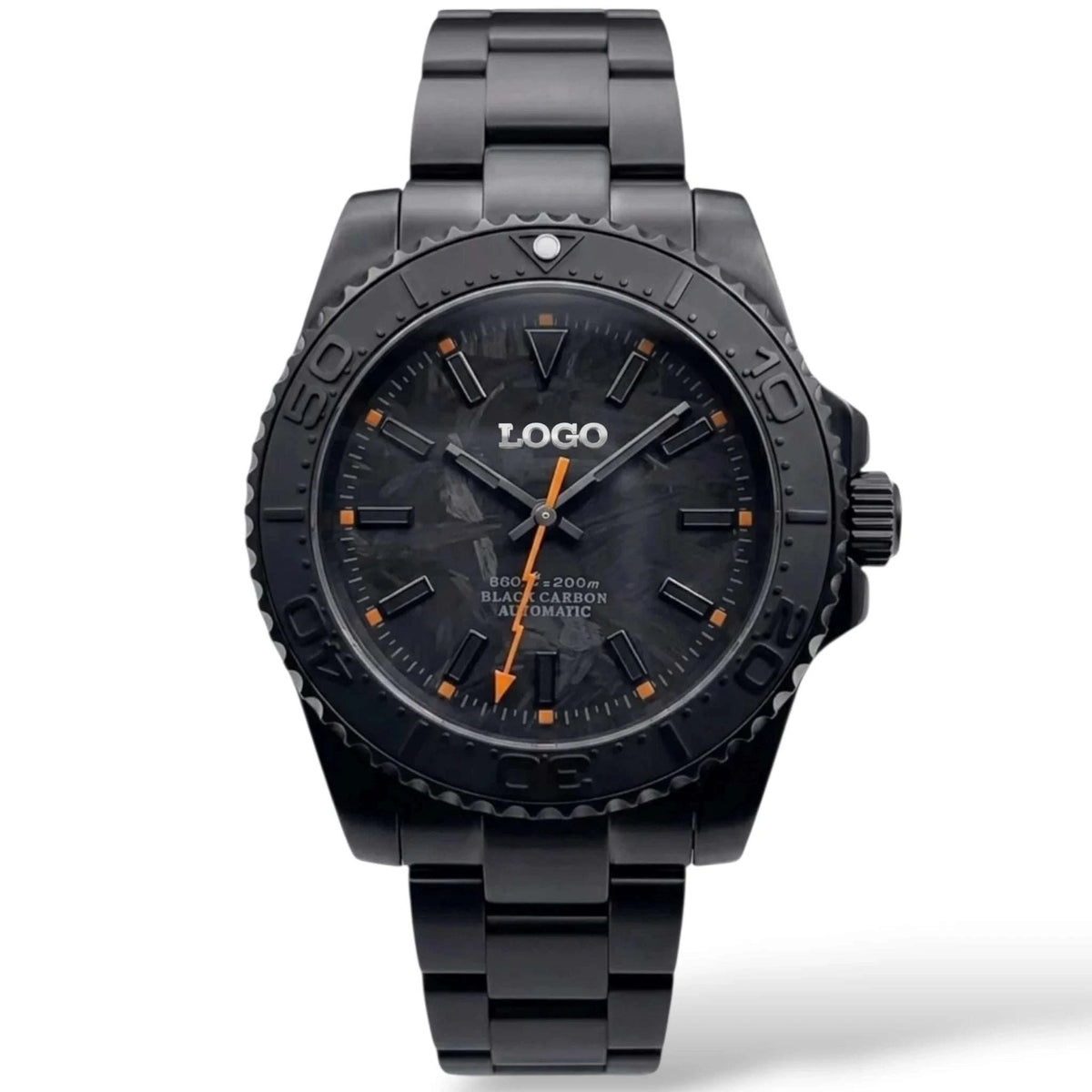 Seiko Mod watches. A close-up of a custom black carbon automatic Yachtmaster watch with a textured black and orange strap, featuring a dark dial and date window. 