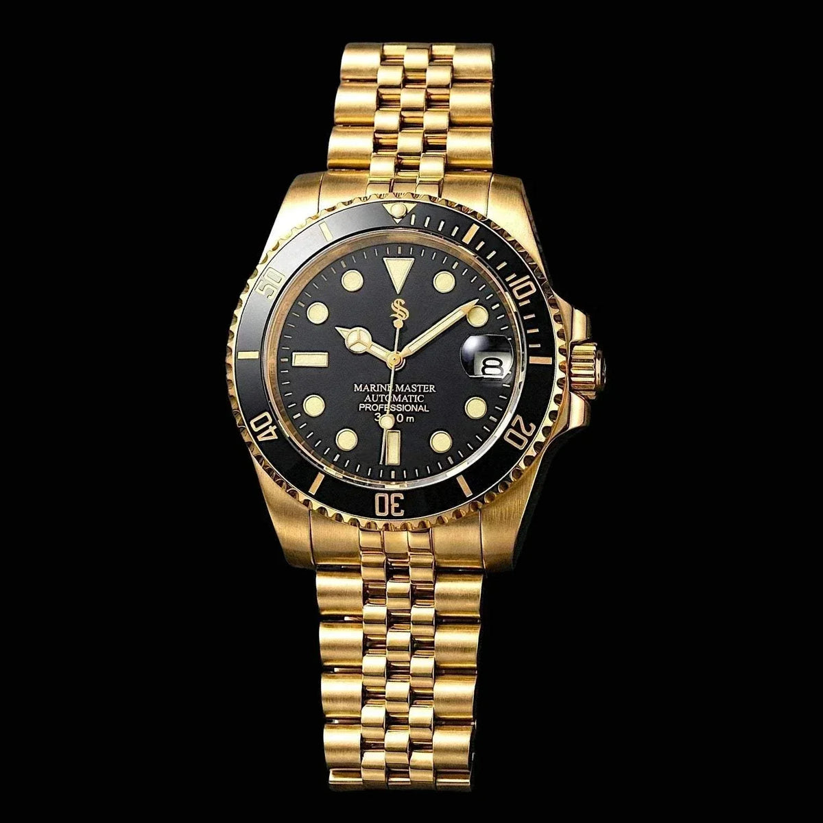 Submariner  Black Gold luxury Seiko Mod diver watch with 40mm black gold case and sapphire crystal