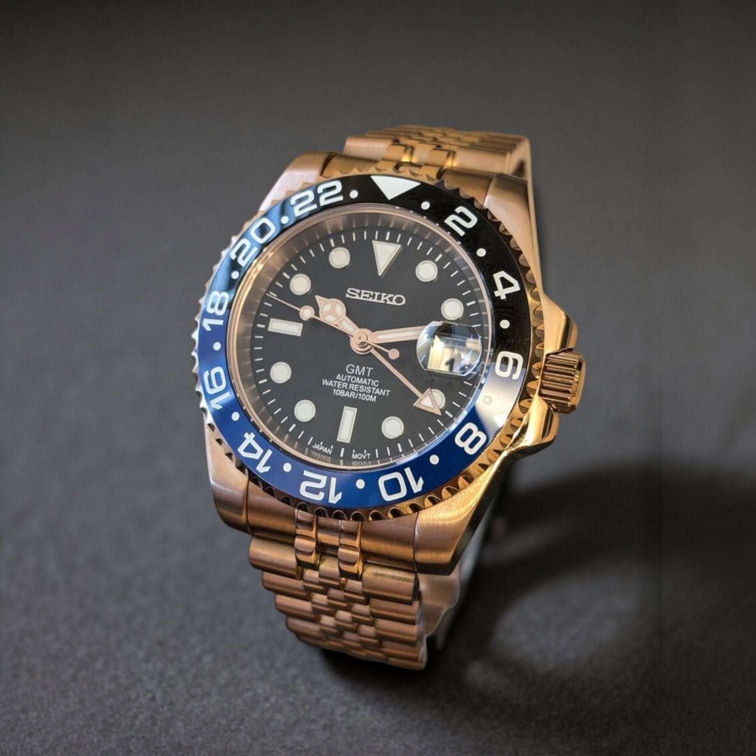Modded Seiko Gold "Batman" GMT Series - Timeless Elegance
