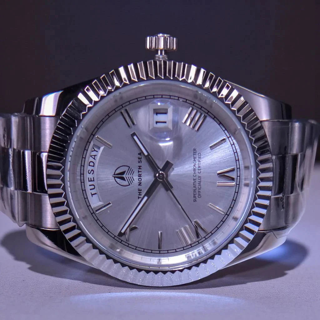 Modded Seiko Luxury Day and Date watch with silver white dial by Modtime Creations
