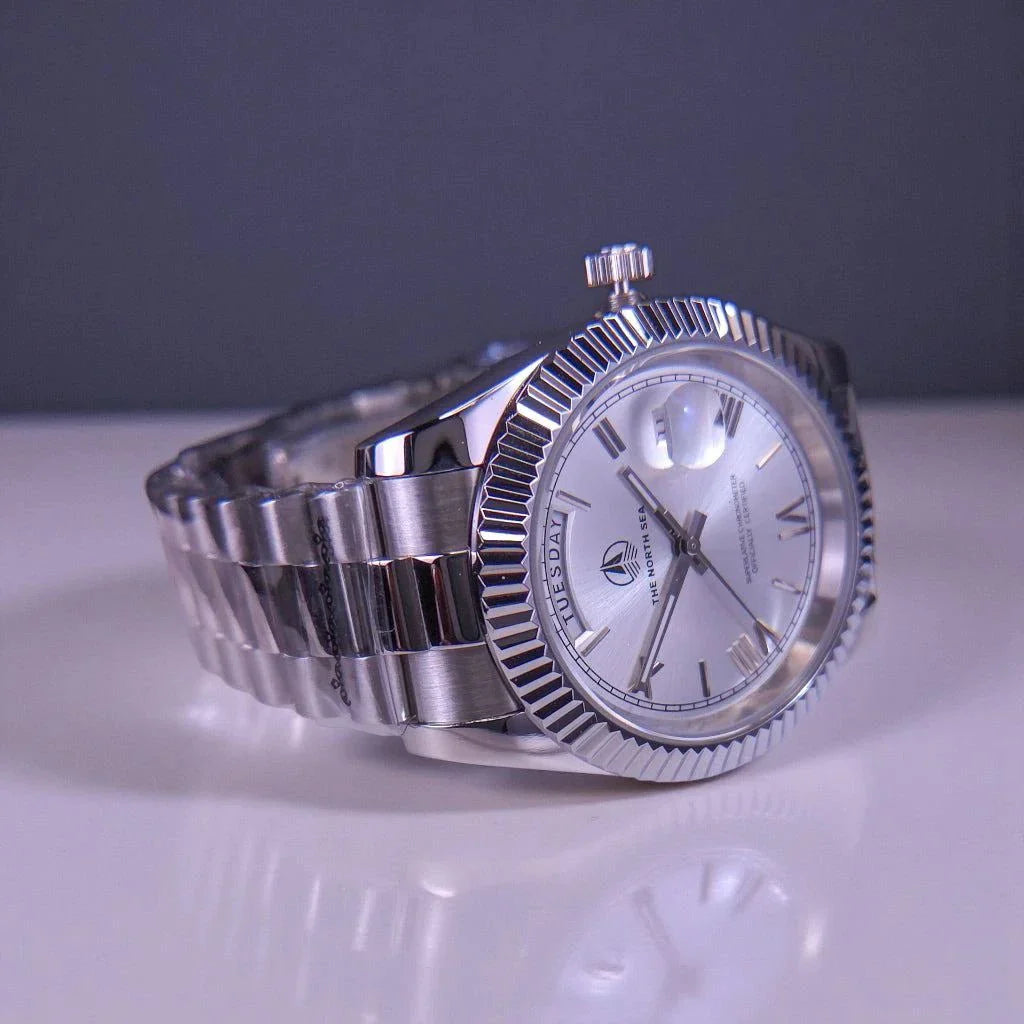 Modded Seiko style luxury silver white dial day and date watch by Modtime Creations