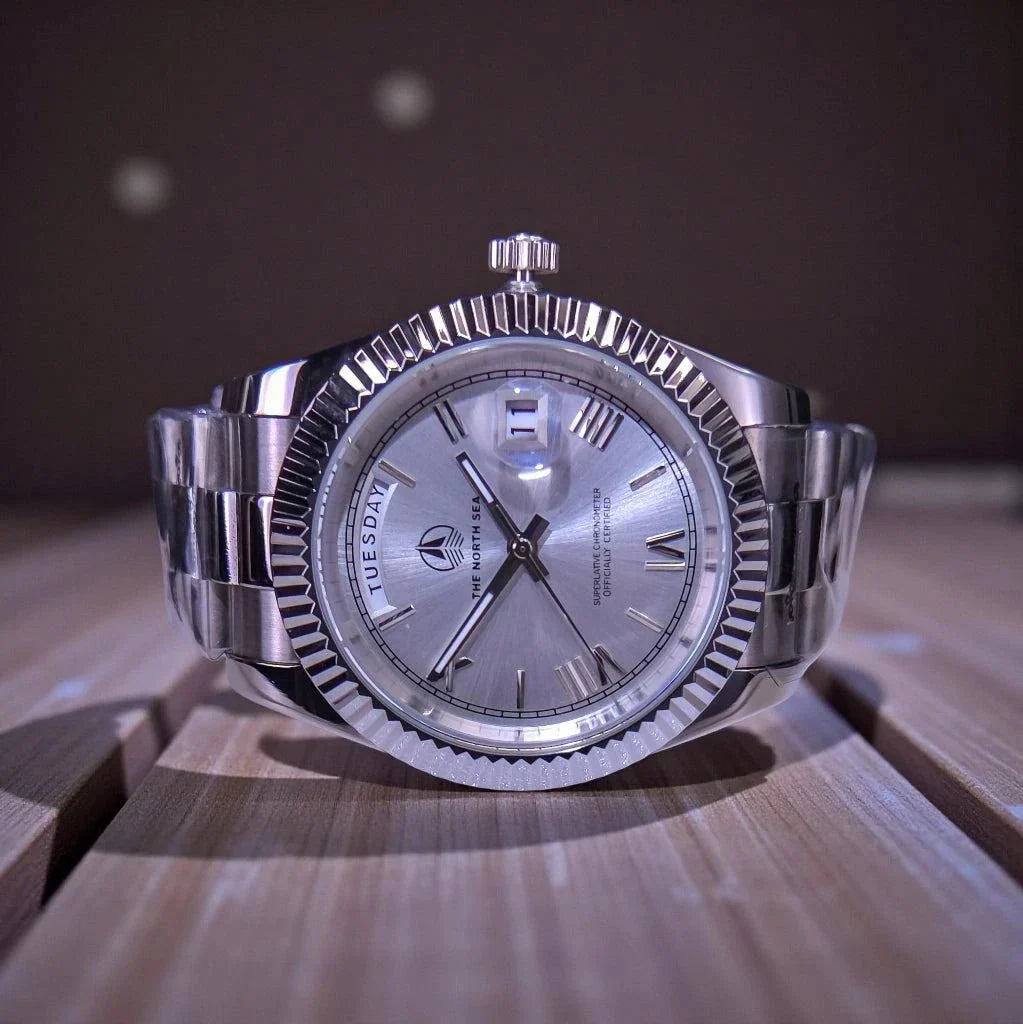 Silver white dial Modded Seiko watch with day and date display by Modtime Creations