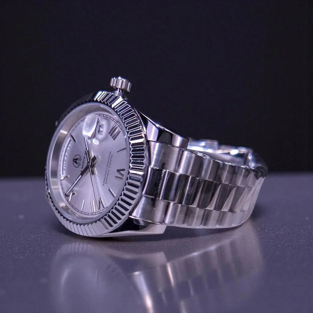Modded Seiko watch with silver white dial and day-date display by Modtime Creations