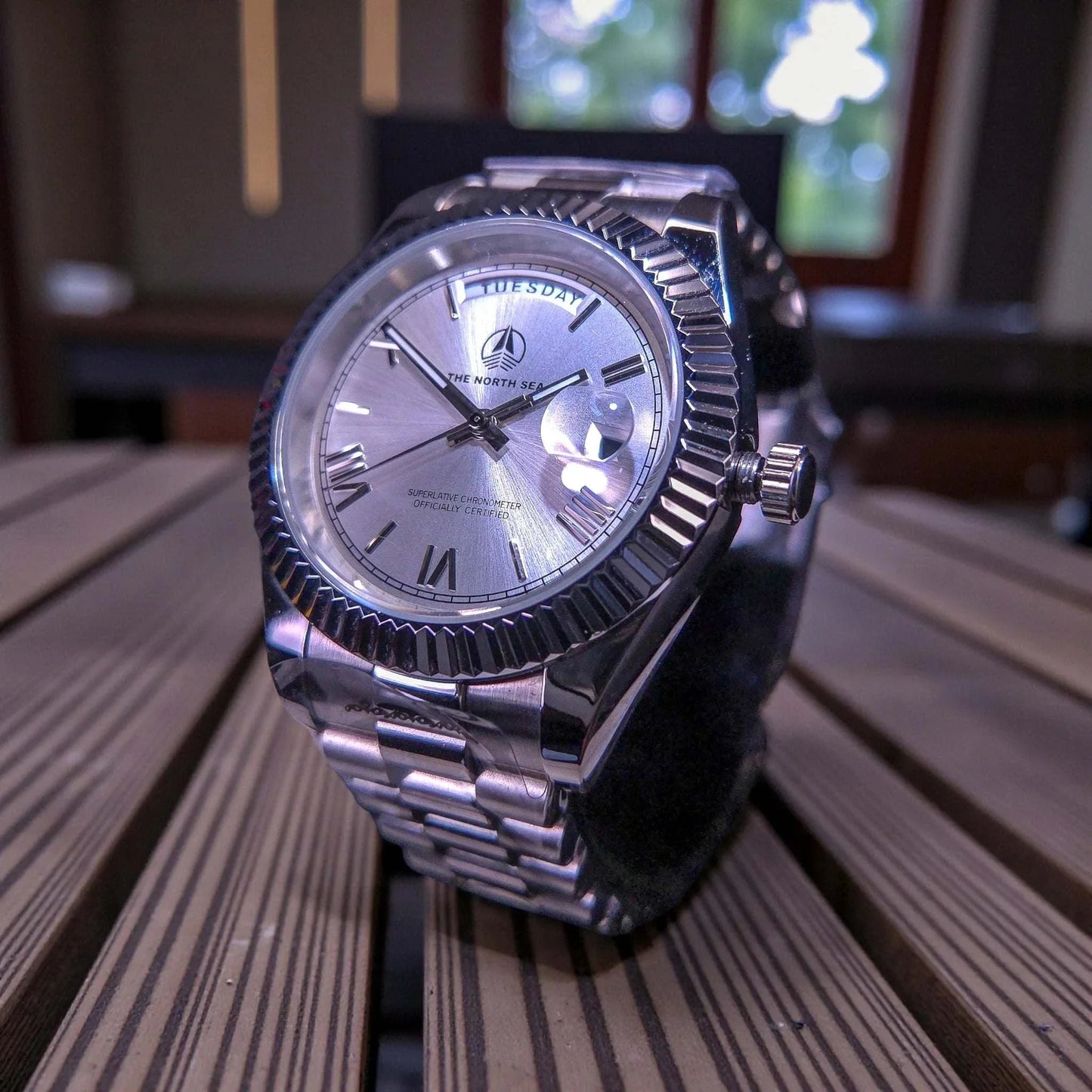 Modded Seiko Day & Date watch with silver white dial by Modtime Creations