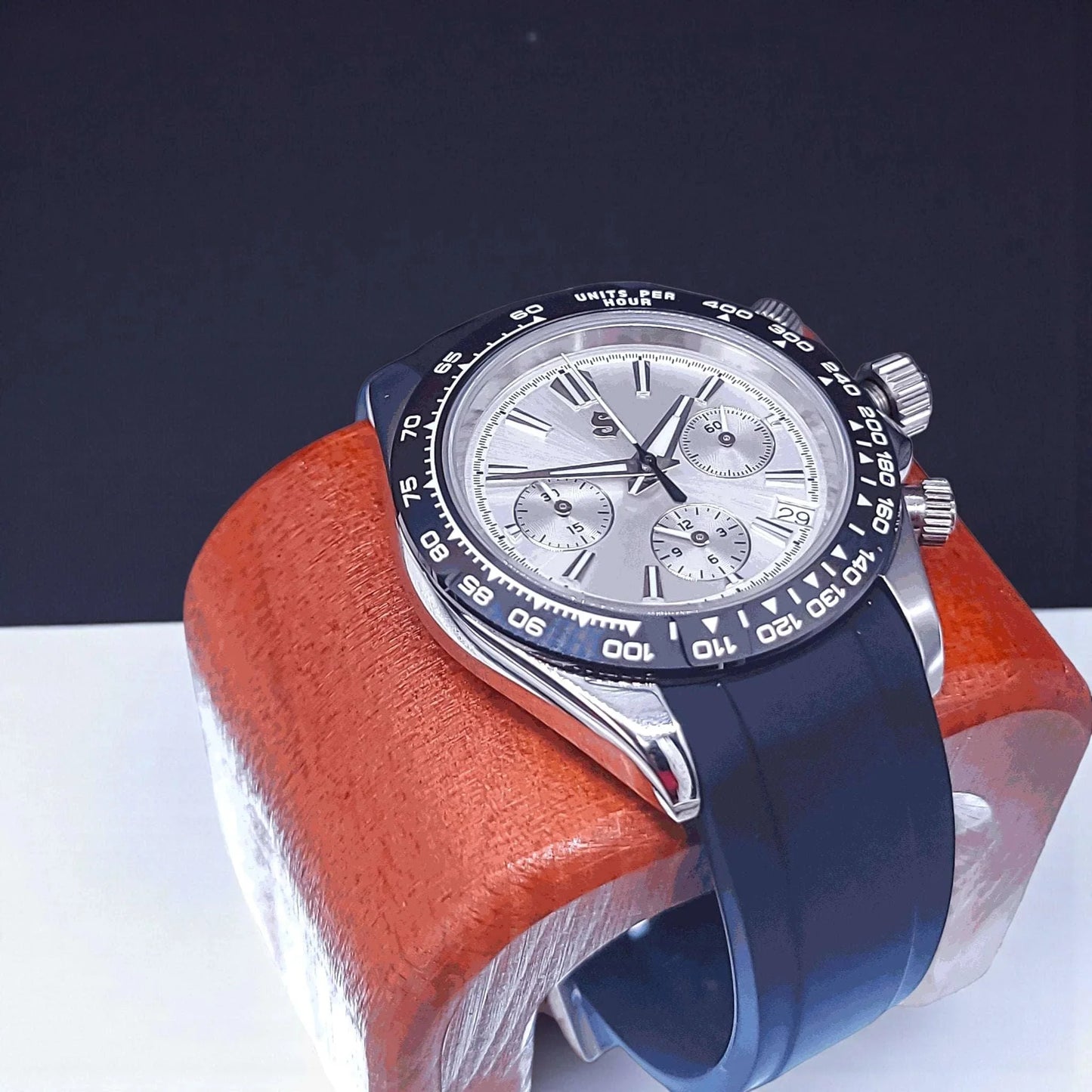 Grand Seitona Seiko mod watch with black white panda dial and precision chronograph features