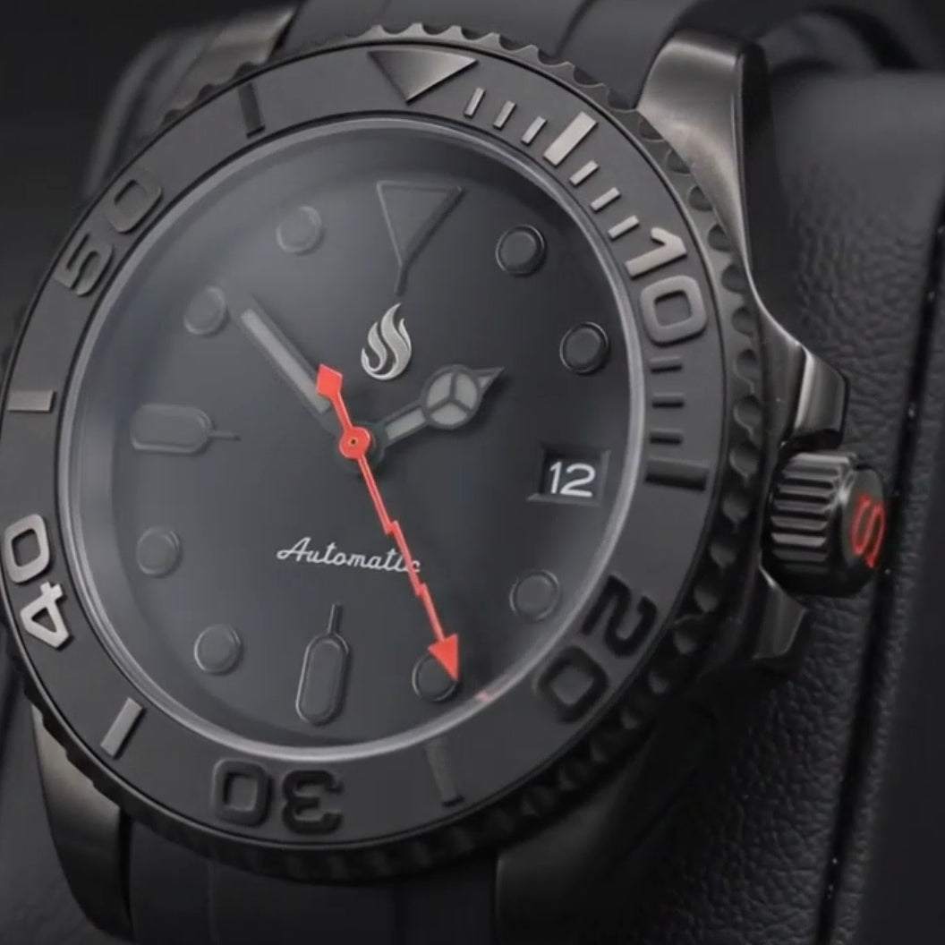 Yachtmaster Black Stealth Diver Seiko Mod watch with 42mm or 40mm case, Japanese NH36 automatic movement, sapphire crystal, and stainless steel bracelet by Modtime Creations