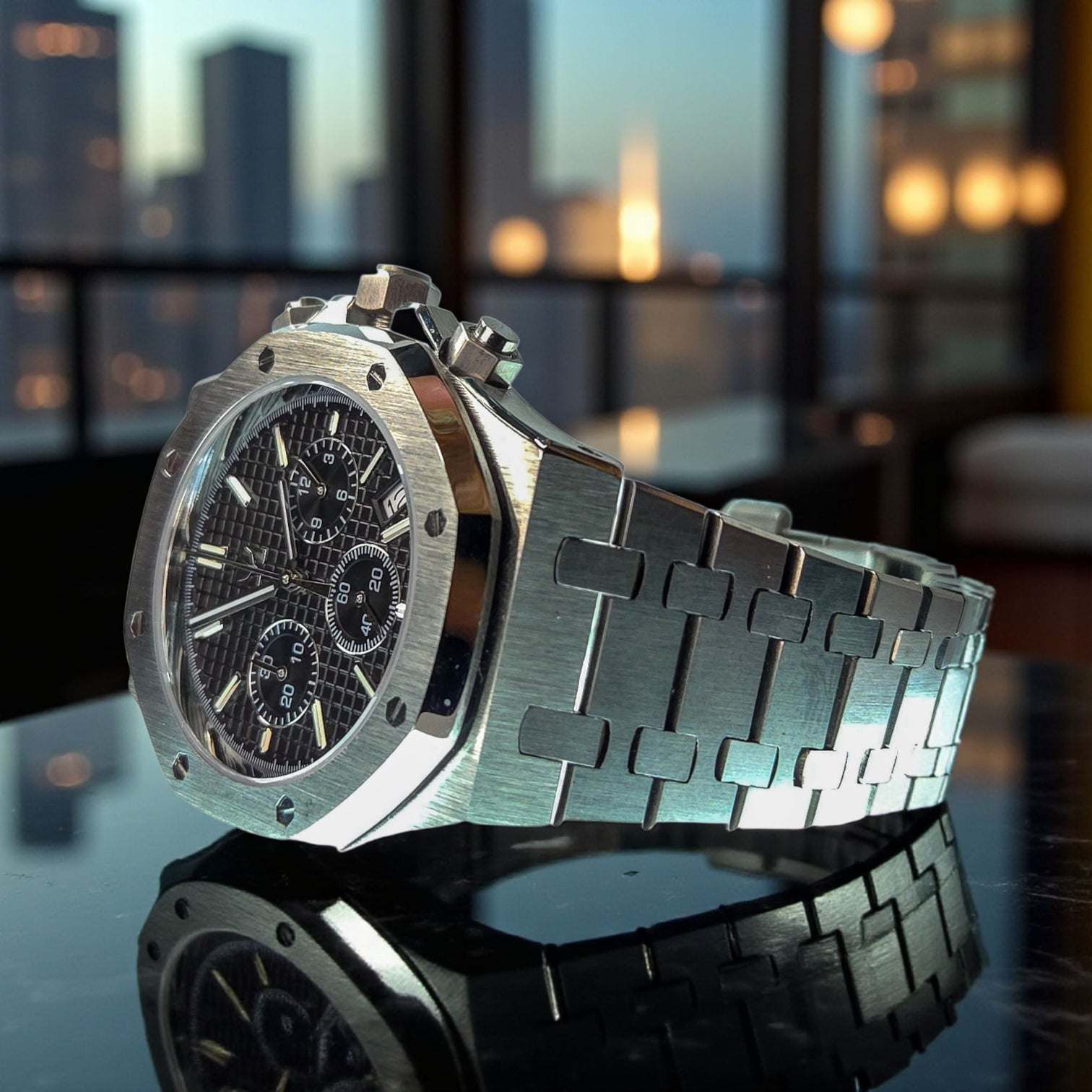 Modded Seiko Royal oak aka SeikOak Chronograph Series Black Dial - MODTIME Creations