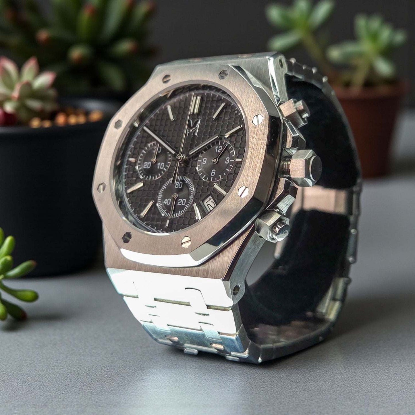 Modded Seiko Royal oak aka SeikOak Chronograph Series Black Dial - MODTIME Creations