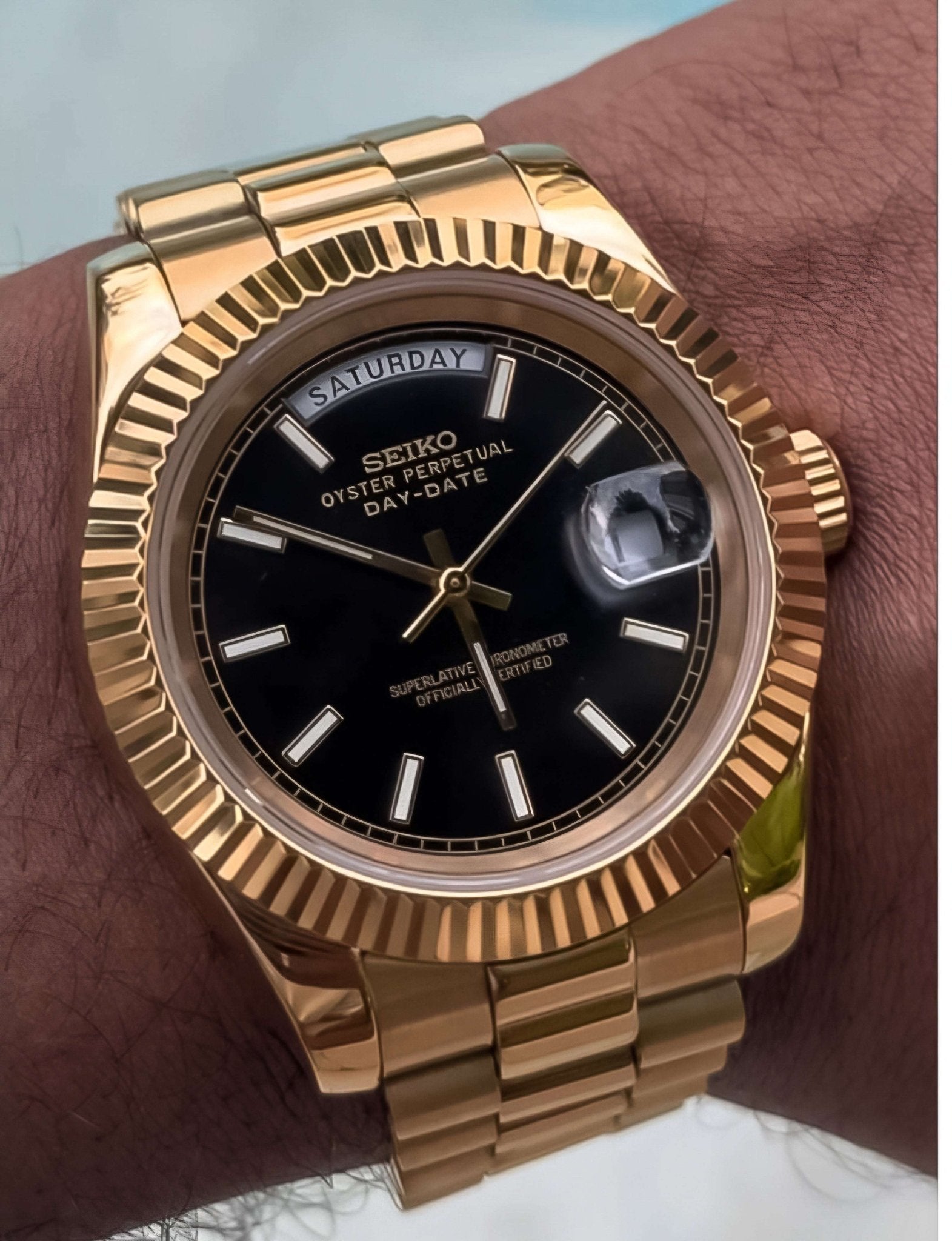 Modded Seiko Day - Date Mod Black Gold Dial Series - Modtime - MODTIME